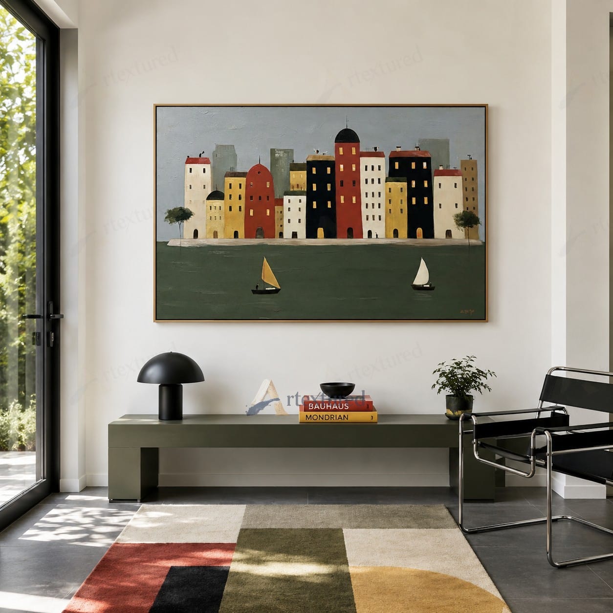 Colorful Waterfront City Wall Art – Hand-Painted Sailboat Canvas#wp261087