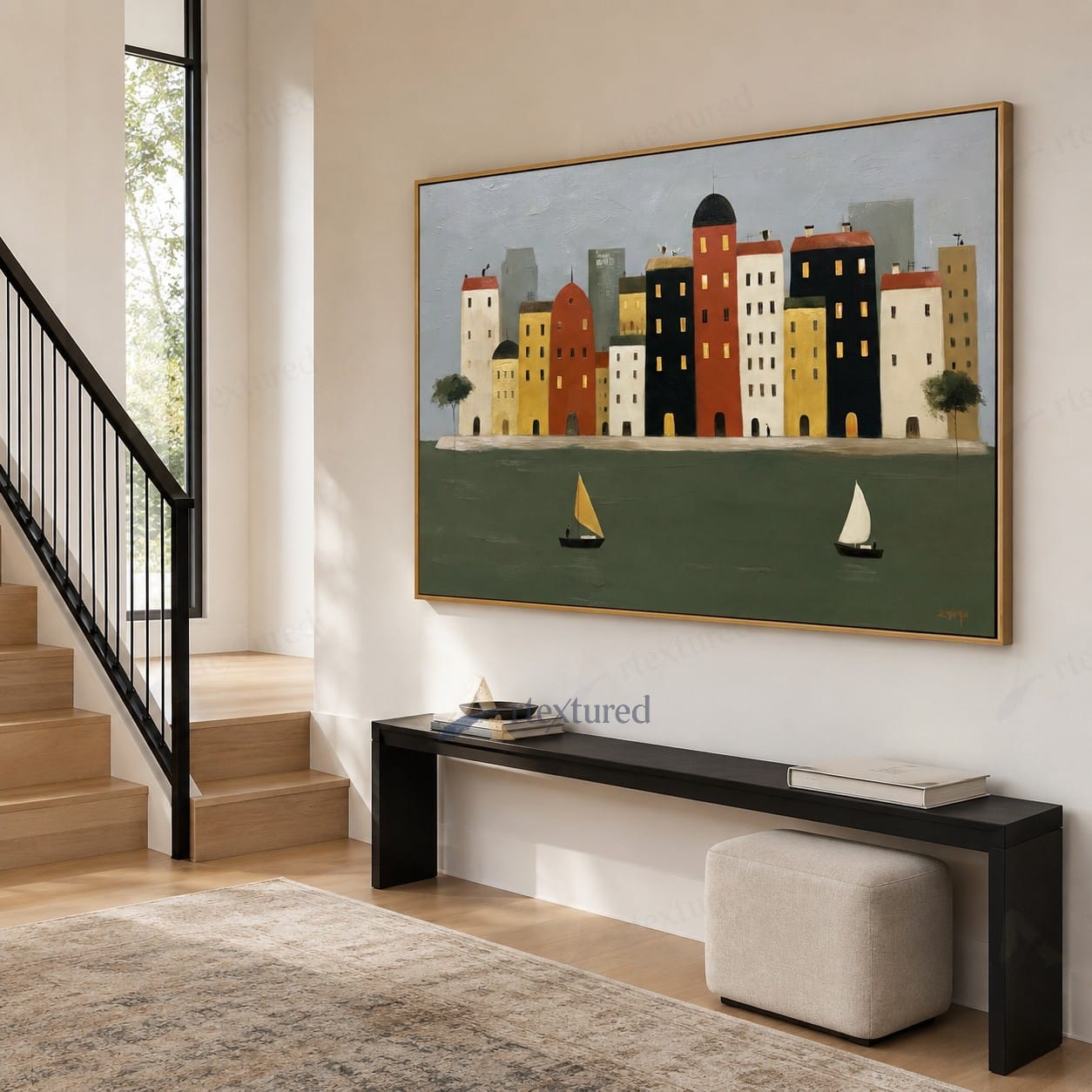 Colorful Waterfront City Wall Art – Hand-Painted Sailboat Canvas#wp261087
