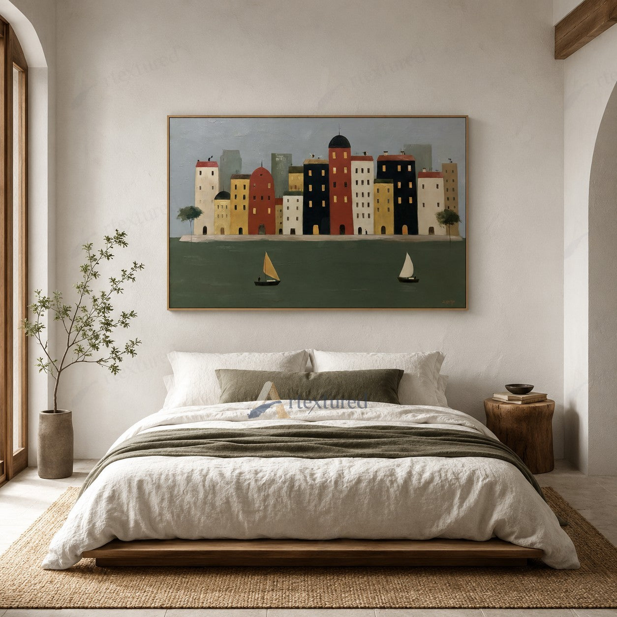 Colorful Waterfront City Wall Art – Hand-Painted Sailboat Canvas#wp261087
