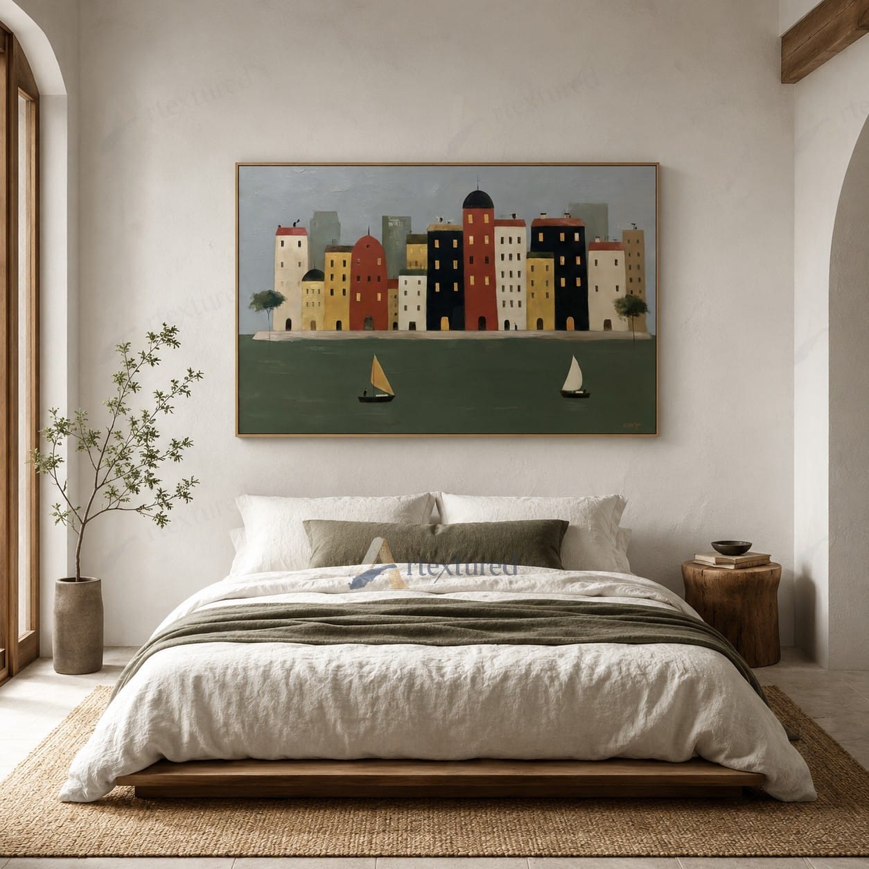 Colorful Waterfront City Wall Art – Hand-Painted Sailboat Canvas#wp261087