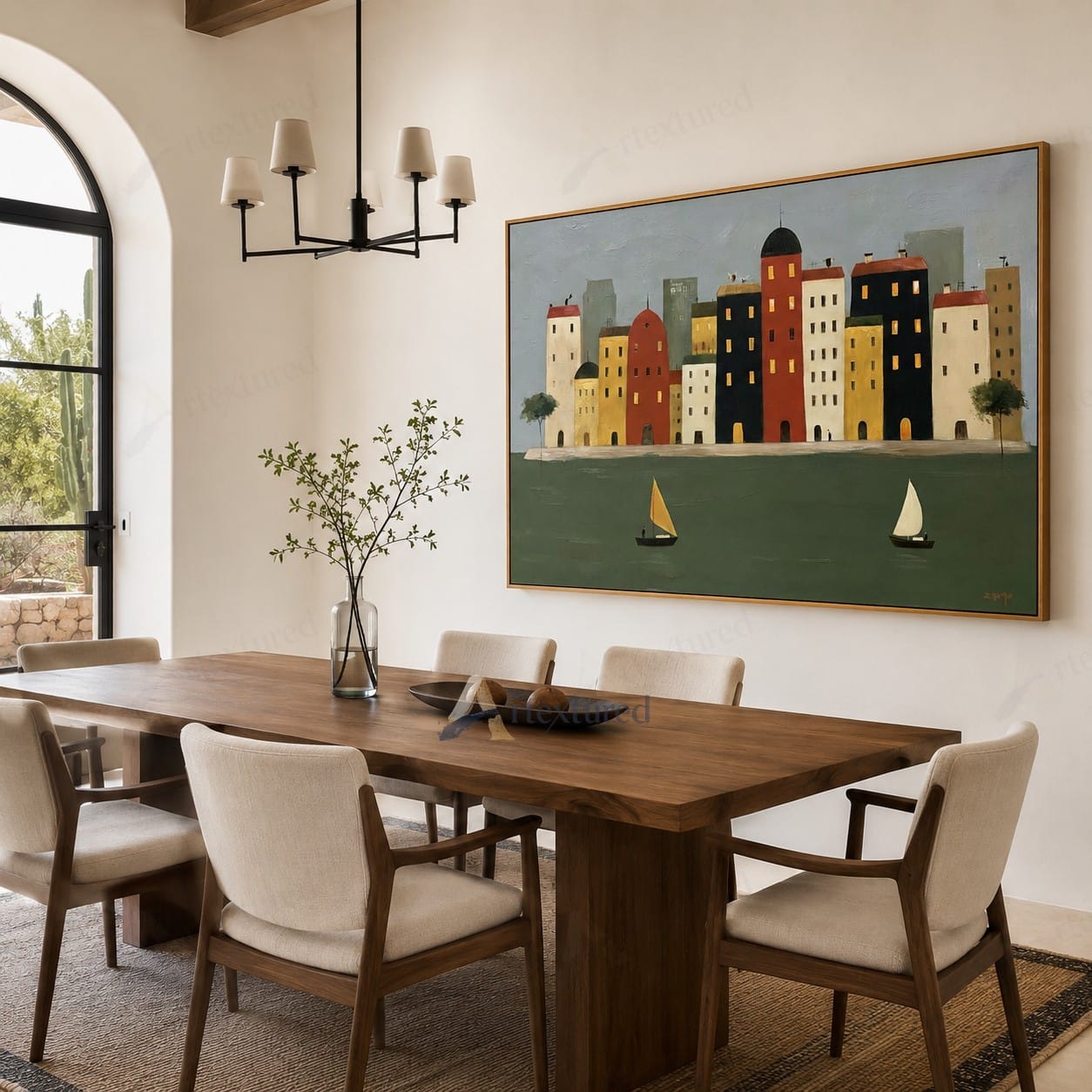 Colorful Waterfront City Wall Art – Hand-Painted Sailboat Canvas#wp261087