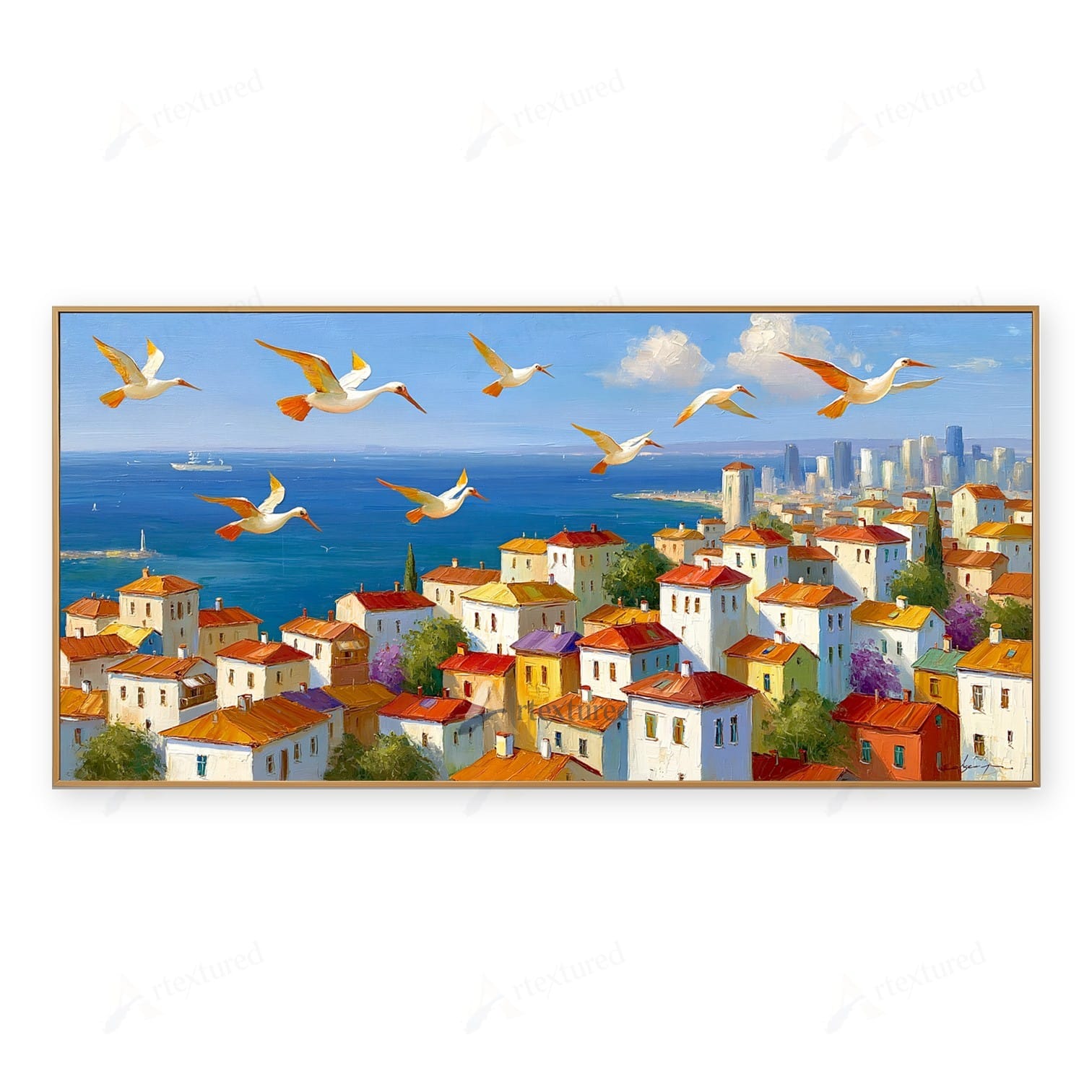 Mediterranean Seaside Village Wall Art – Hand-Painted Coastal Canvas#wp261088
