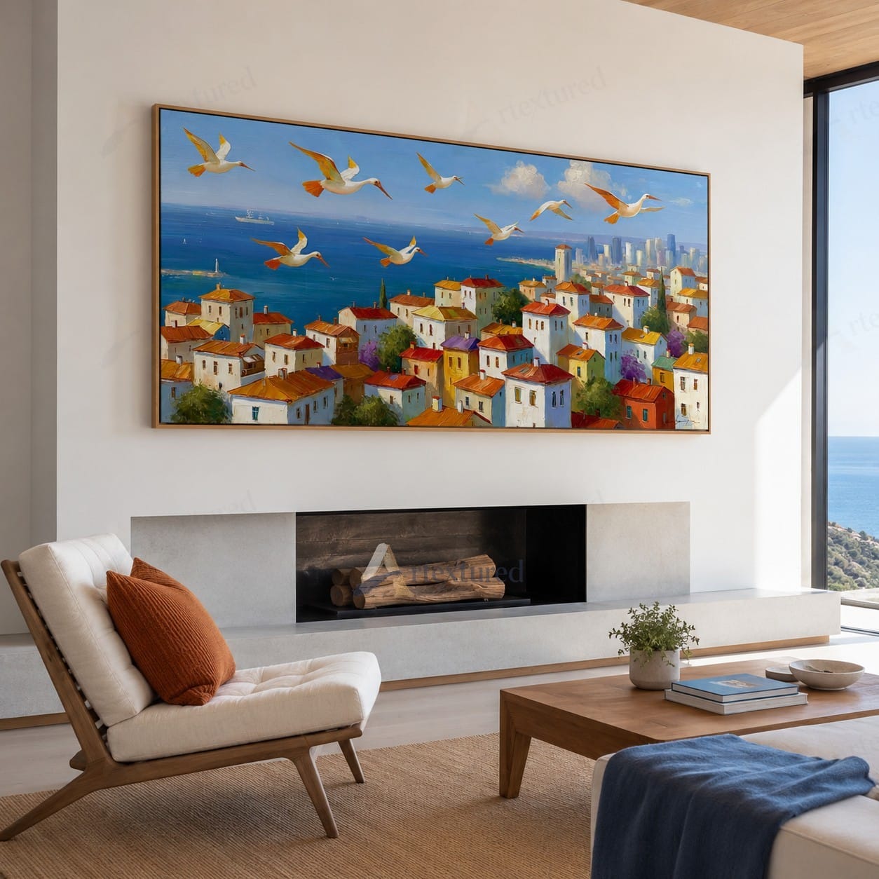Mediterranean Seaside Village Wall Art – Hand-Painted Coastal Canvas#wp261088