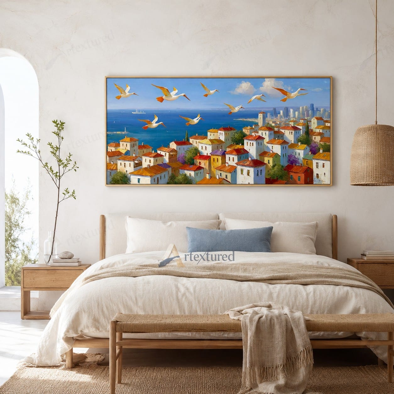 Mediterranean Seaside Village Wall Art – Hand-Painted Coastal Canvas#wp261088