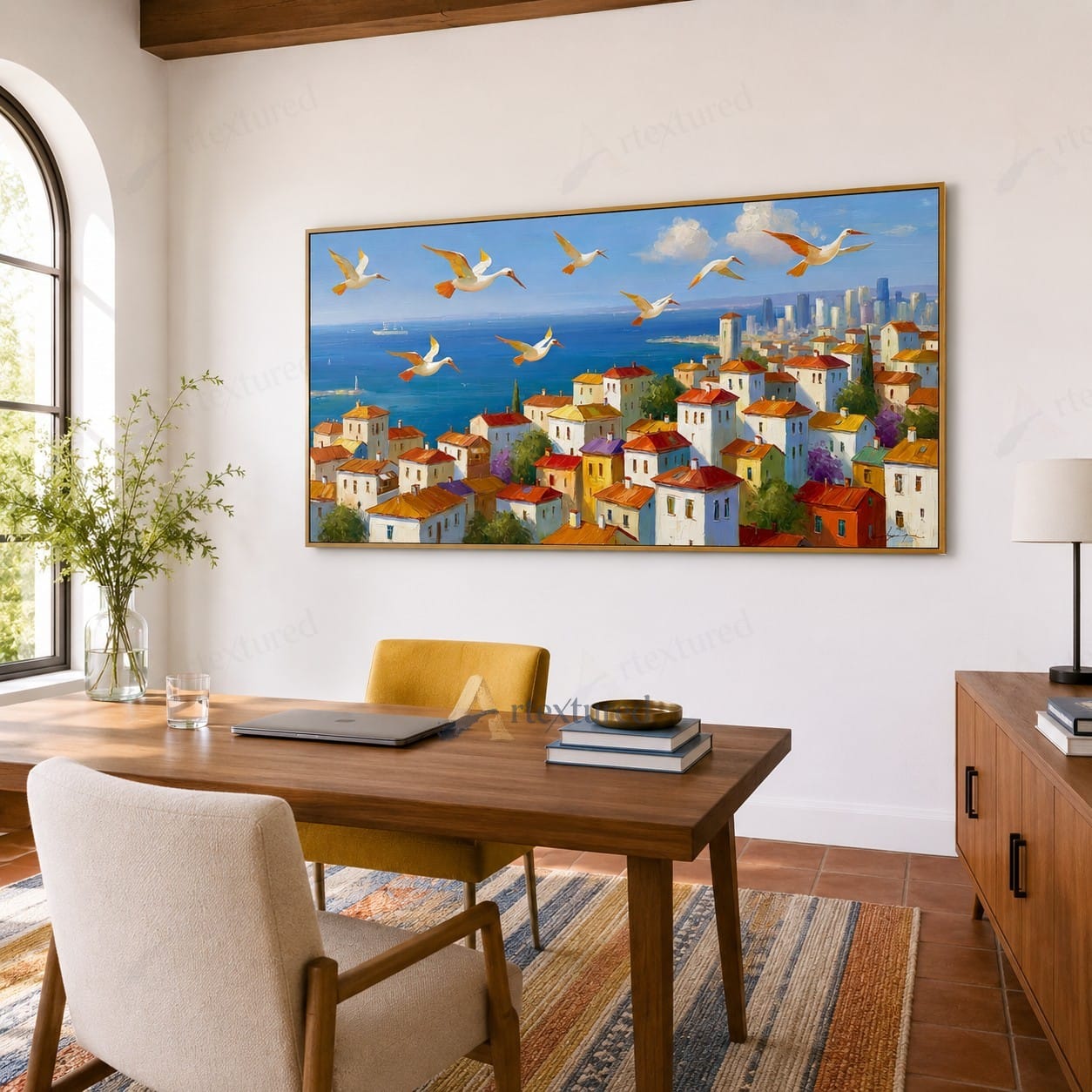 Mediterranean Seaside Village Wall Art – Hand-Painted Coastal Canvas#wp261088