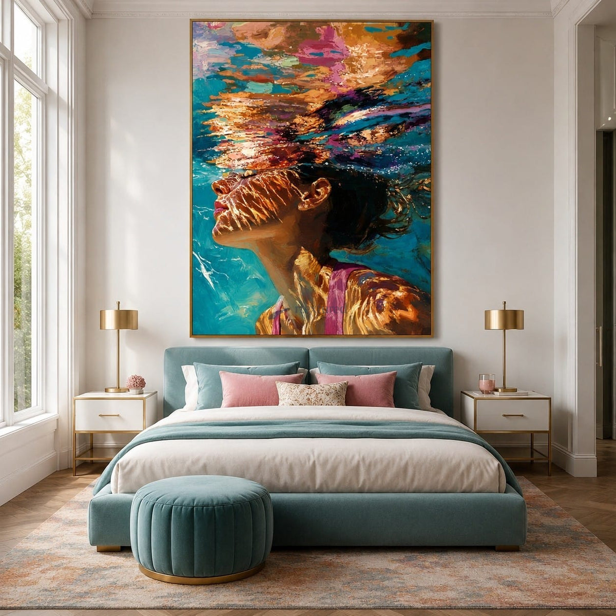 Beneath the Light – Hand-Painted Underwater Woman Oil Painting#wp261695