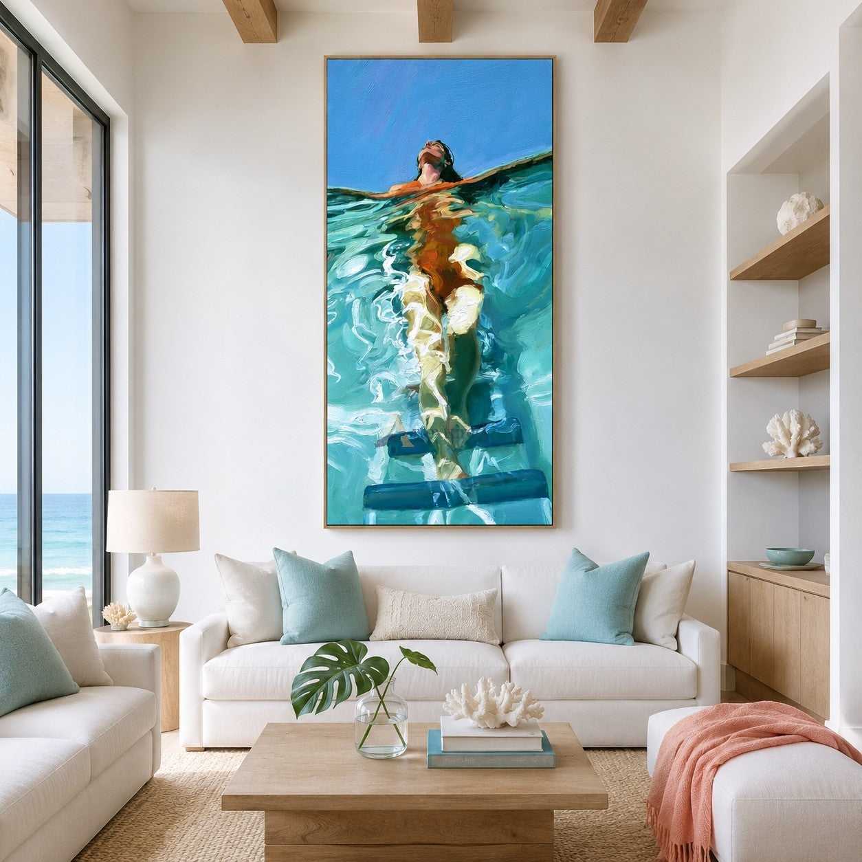 Surface Pause – Hand-Painted Vertical Swimmer Oil Painting#wp261697