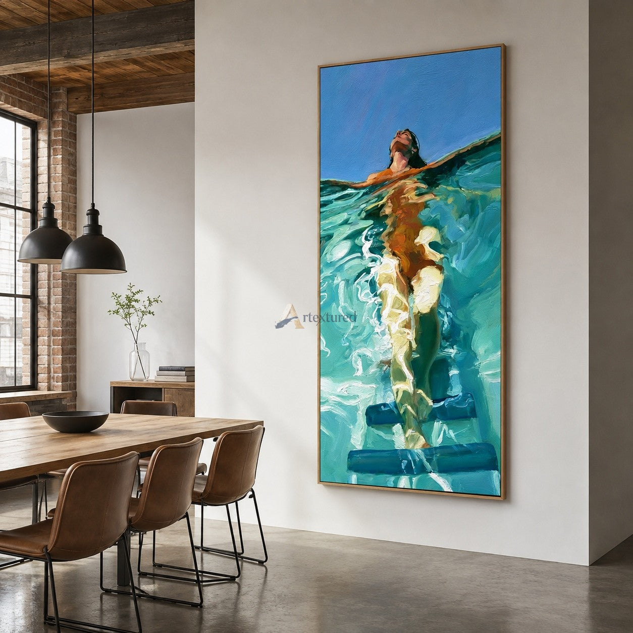 Surface Pause – Hand-Painted Vertical Swimmer Oil Painting#wp261697