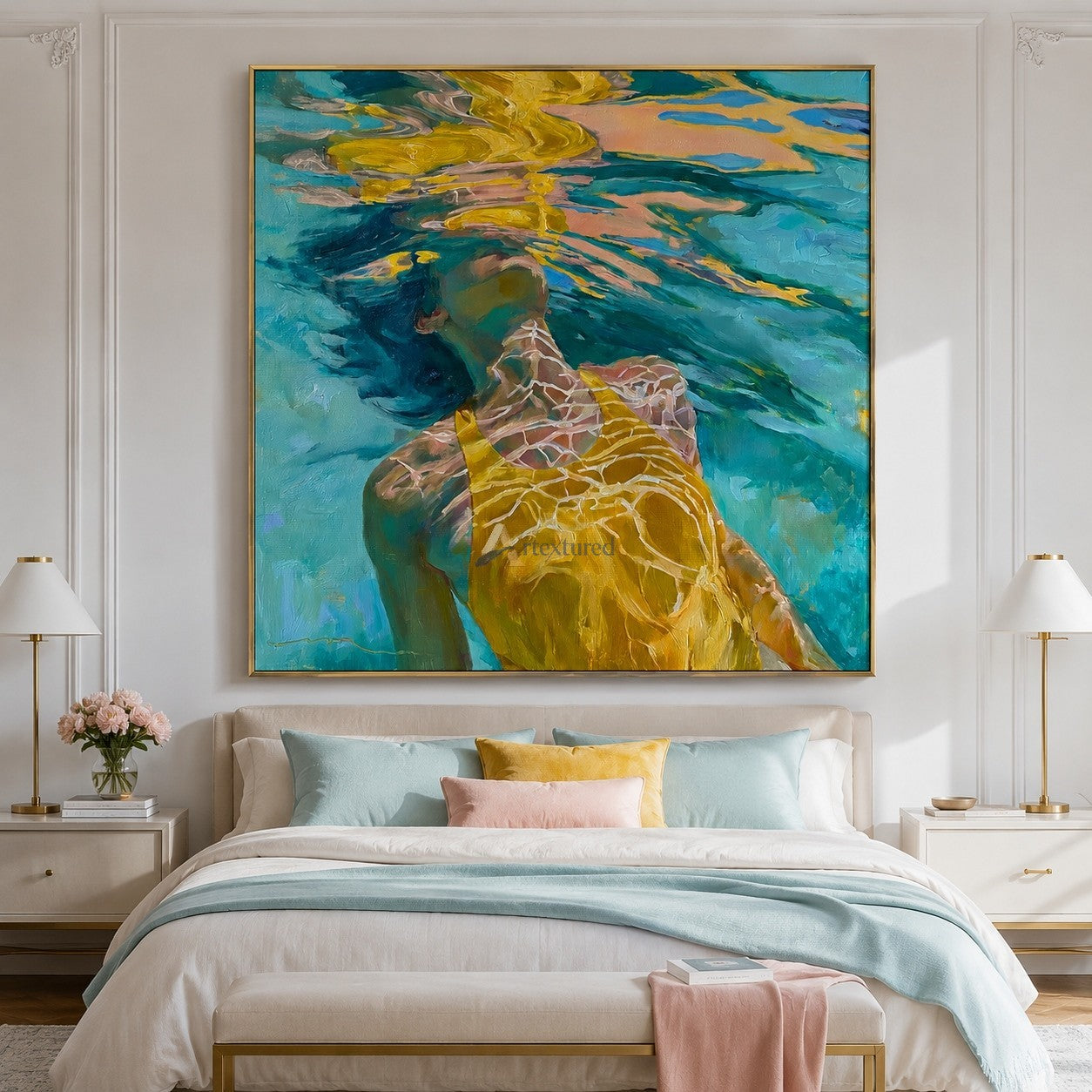 Sunlit Drift – Hand-Painted Underwater Woman Oil Painting#wp261698
