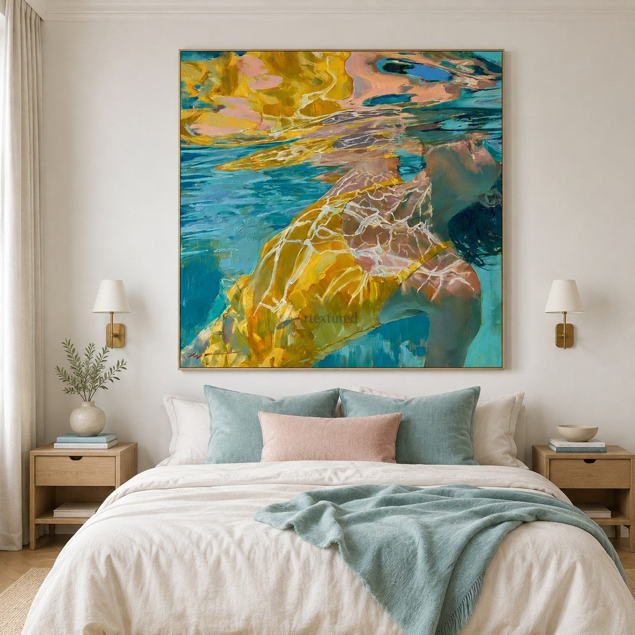 Golden Suspension – Hand-Painted Underwater Woman Oil Painting#wp261699