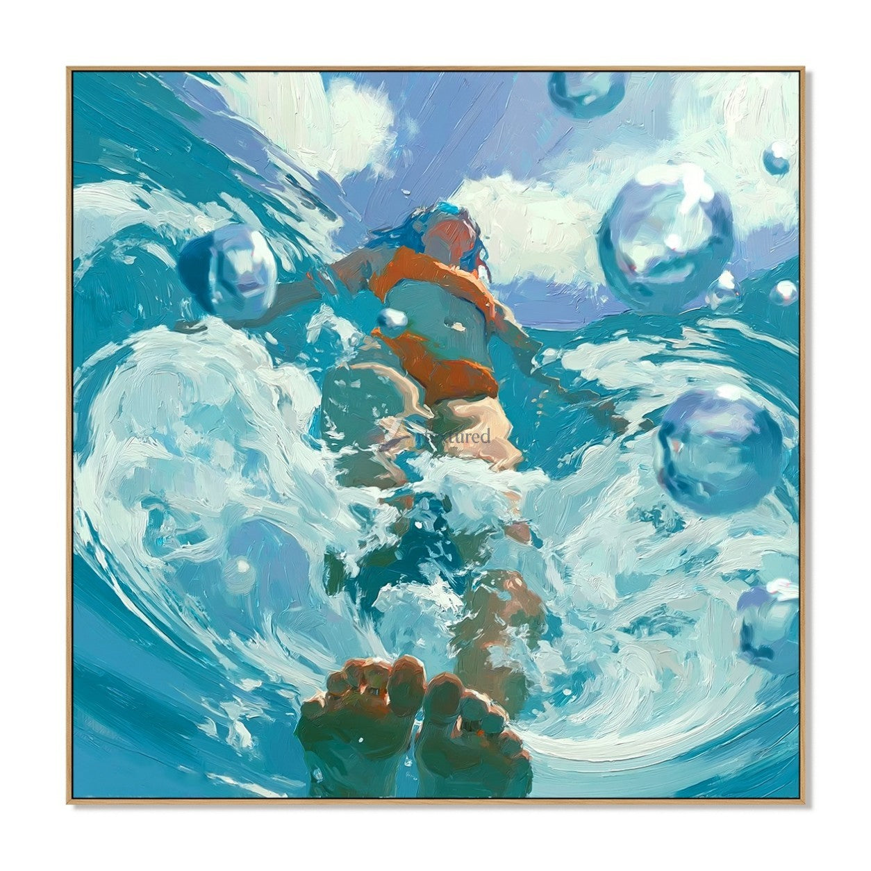 Into the Current – Hand-Painted Underwater Swimmer Oil Painting#wp261700