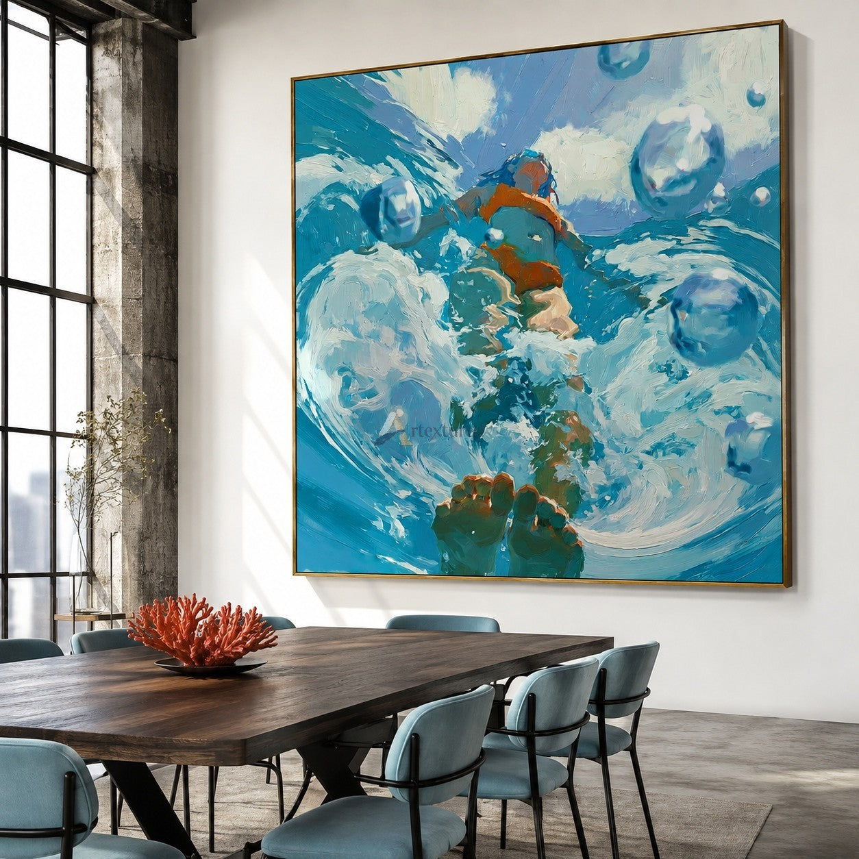 Into the Current – Hand-Painted Underwater Swimmer Oil Painting#wp261700