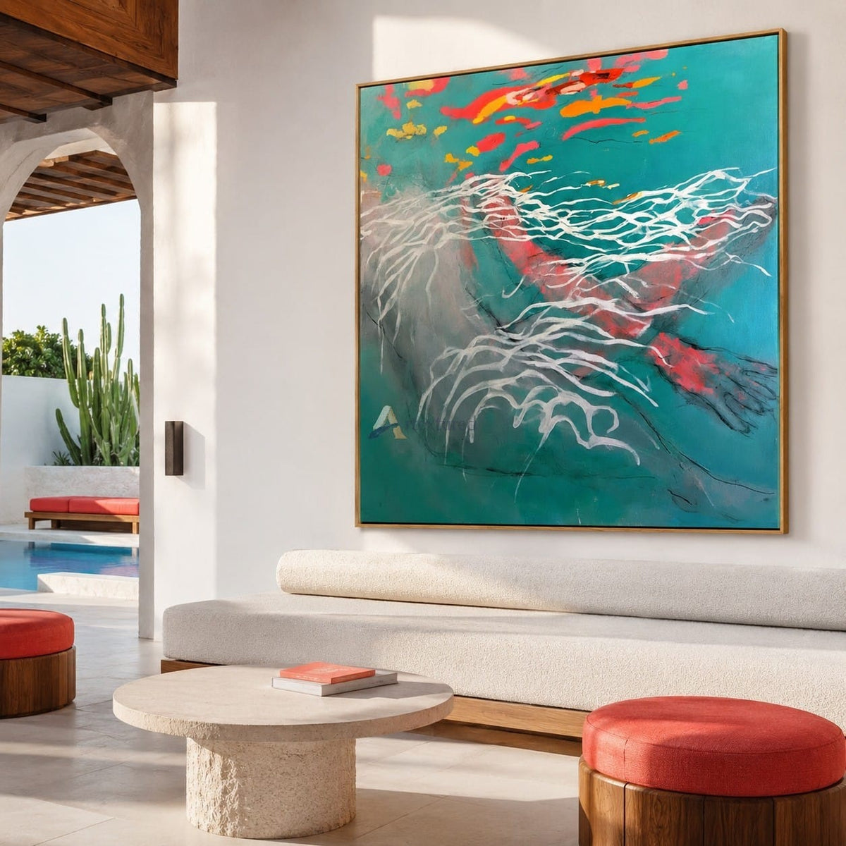 Abstract Koi Fish Wall Art in Teal, Coral and Orange#wp261707