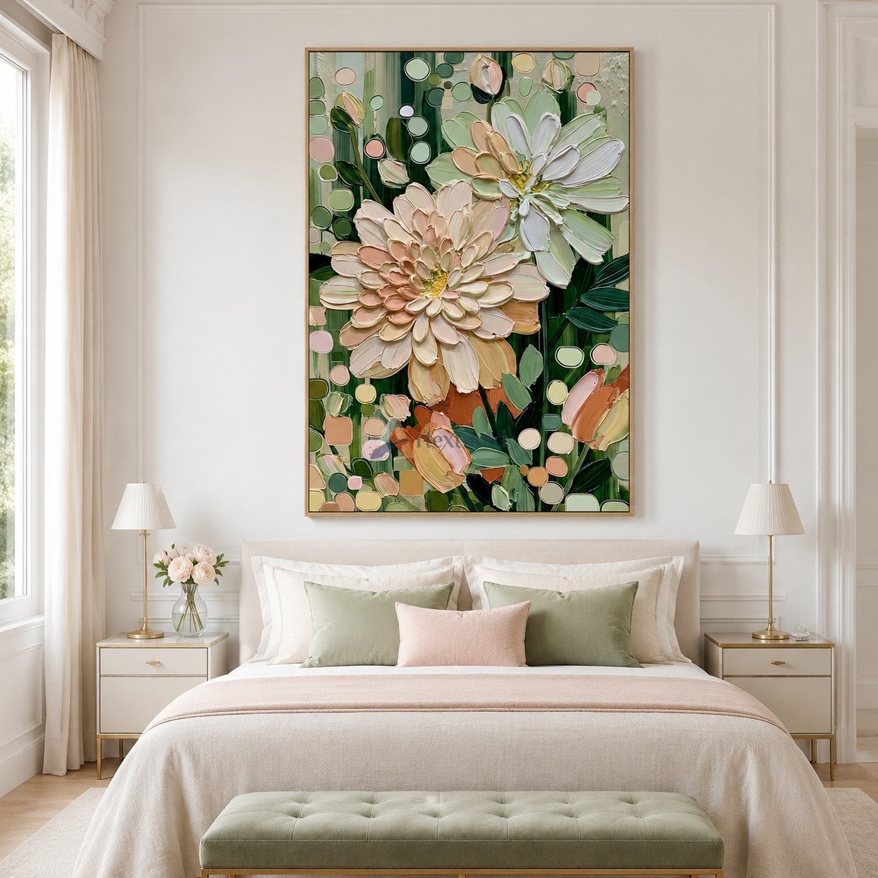 Blush Garden Flowers and Sage Green Textured Wall Art#wp261753
