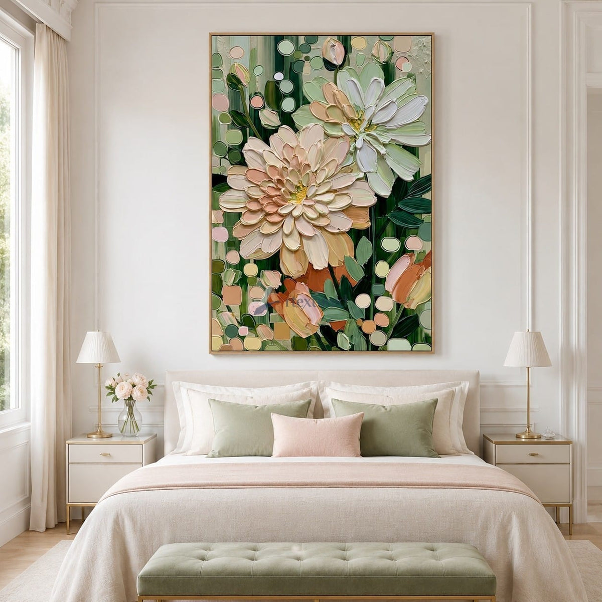 Blush Garden Flowers and Sage Green Textured Wall Art#wp261753