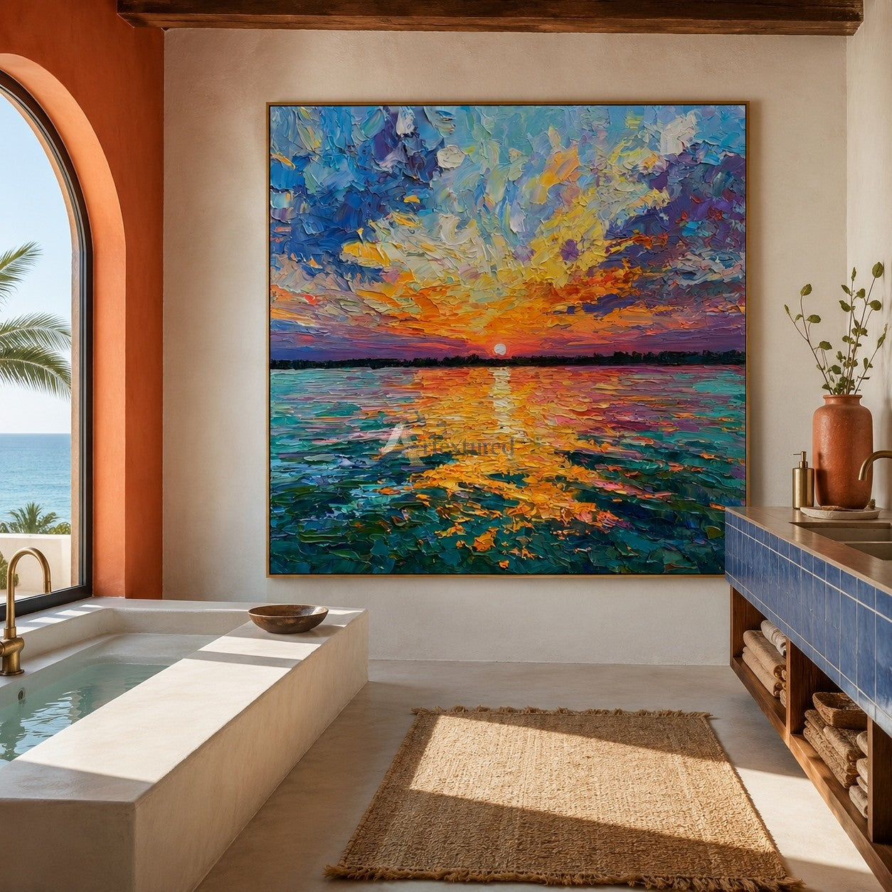 Colorful Sunset Over Water Textured Landscape Wall Art#wp261756