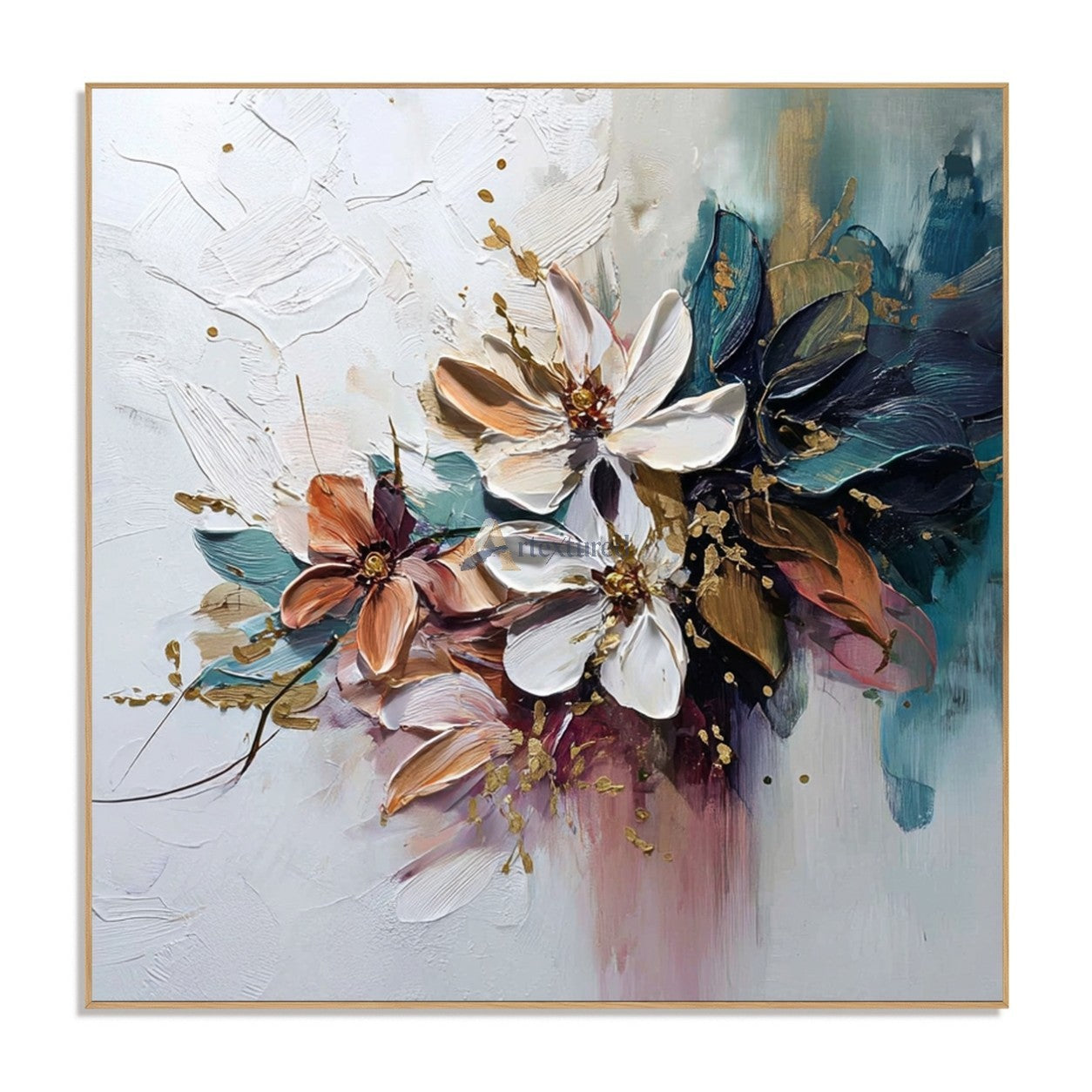 Textured Abstract Floral Canvas Wall Art in Teal, Blush and Gold#wp261759