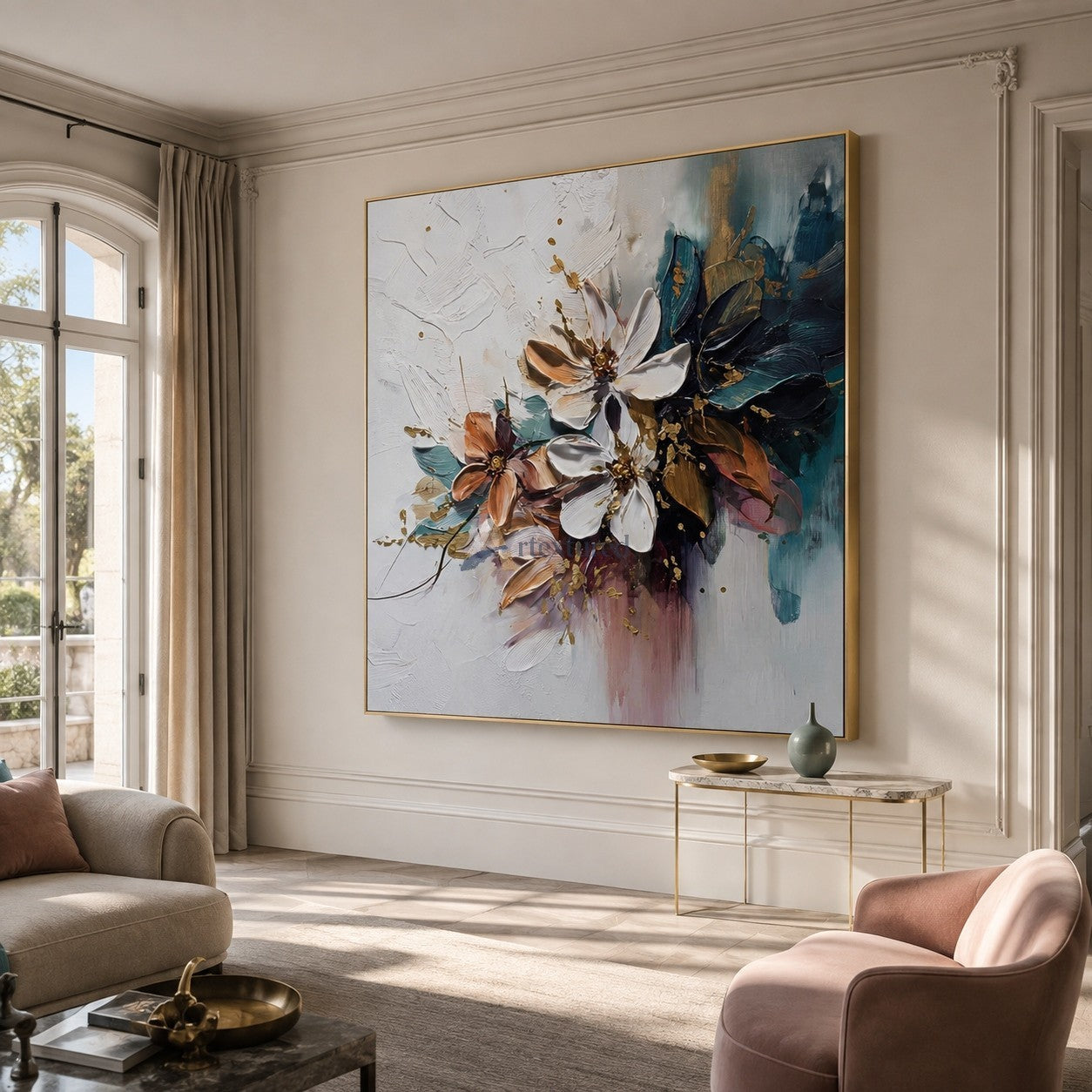 Textured Abstract Floral Canvas Wall Art in Teal, Blush and Gold#wp261759
