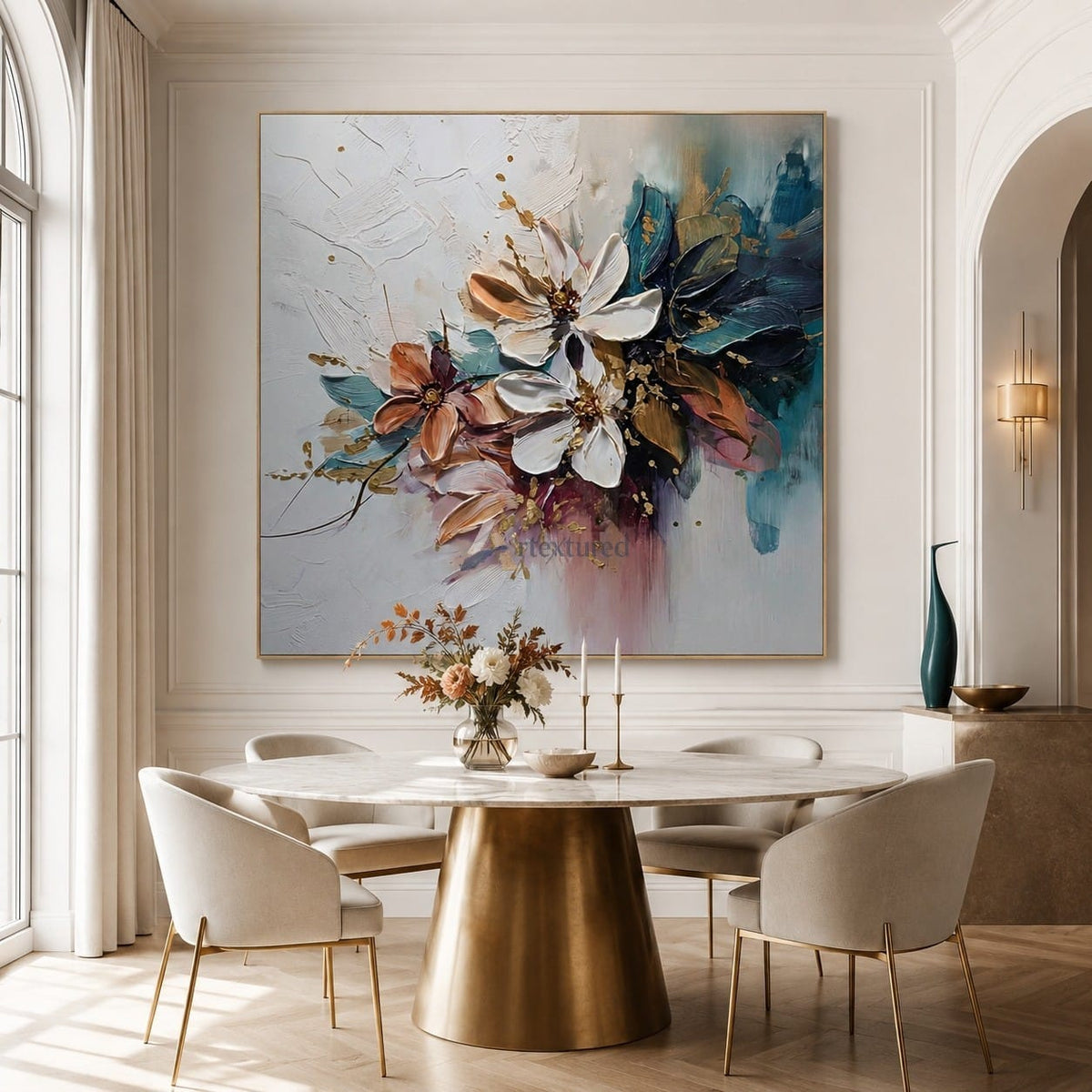 Textured Abstract Floral Canvas Wall Art in Teal, Blush and Gold#wp261759
