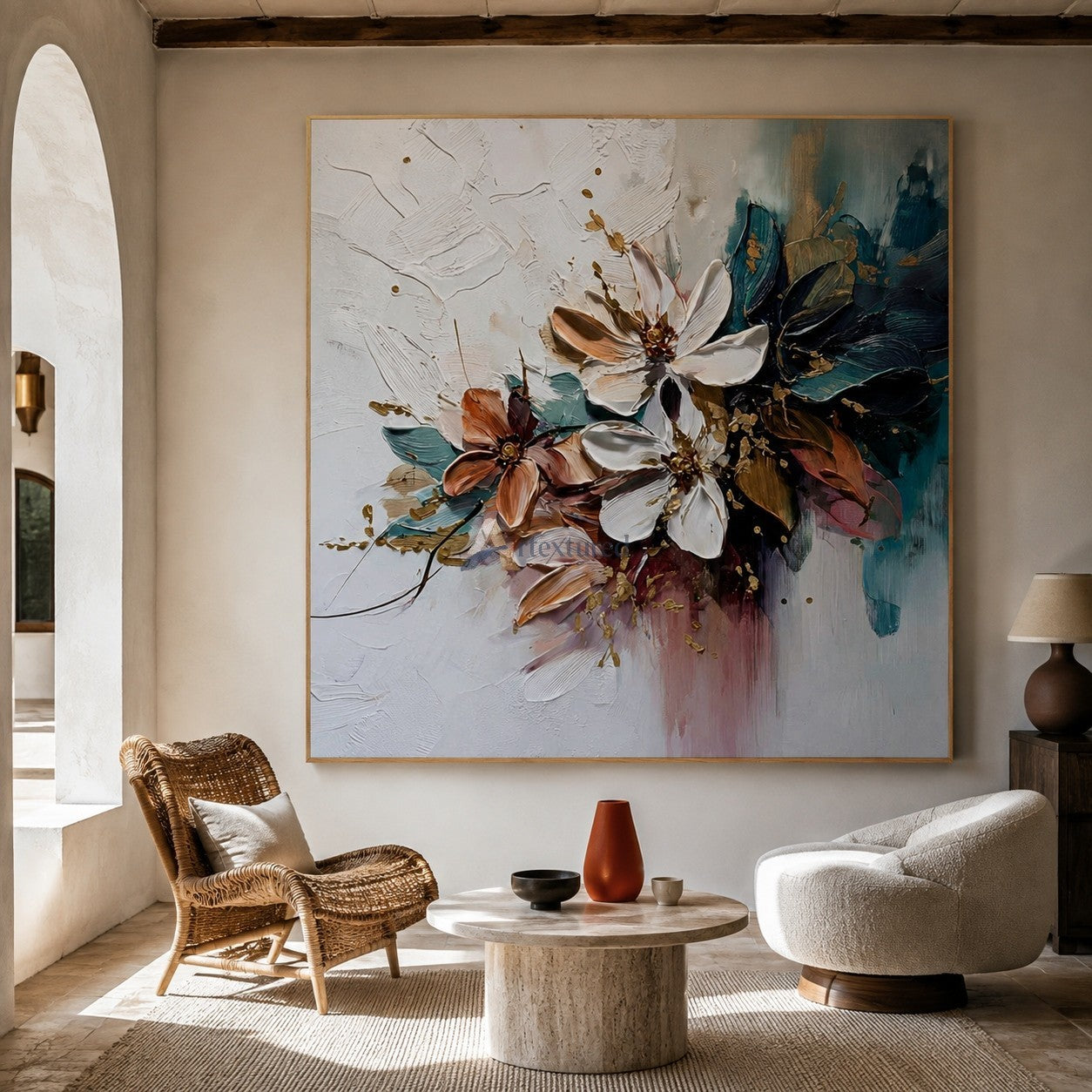 Textured Abstract Floral Canvas Wall Art in Teal, Blush and Gold#wp261759