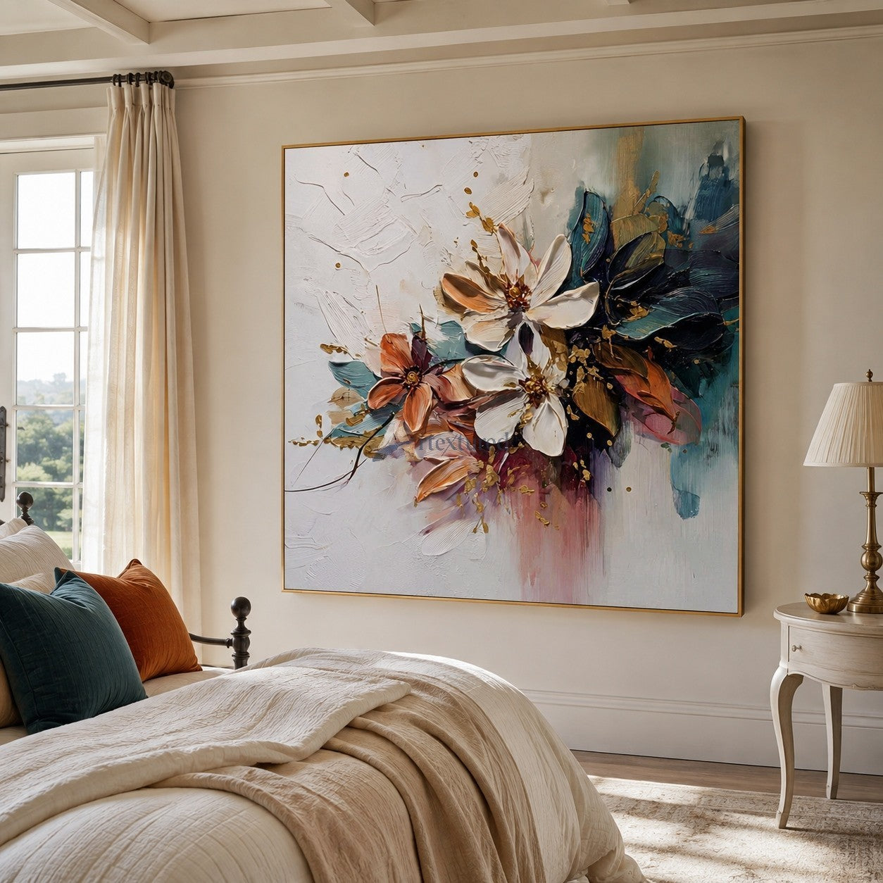 Textured Abstract Floral Canvas Wall Art in Teal, Blush and Gold#wp261759
