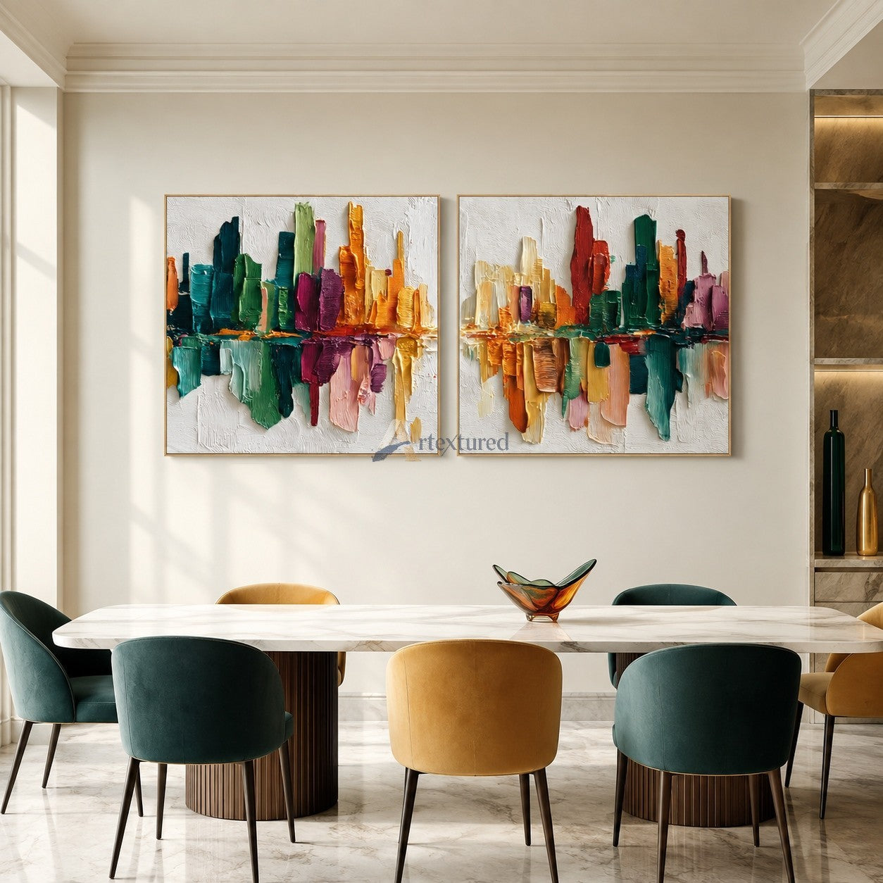 Colorful Abstract City Skyline Textured Diptych Wall Art Set#wp261760