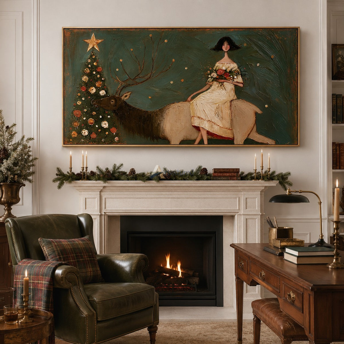A Quiet Christmas Journey — Woman and Reindeer Holiday Wall Art#wp261787