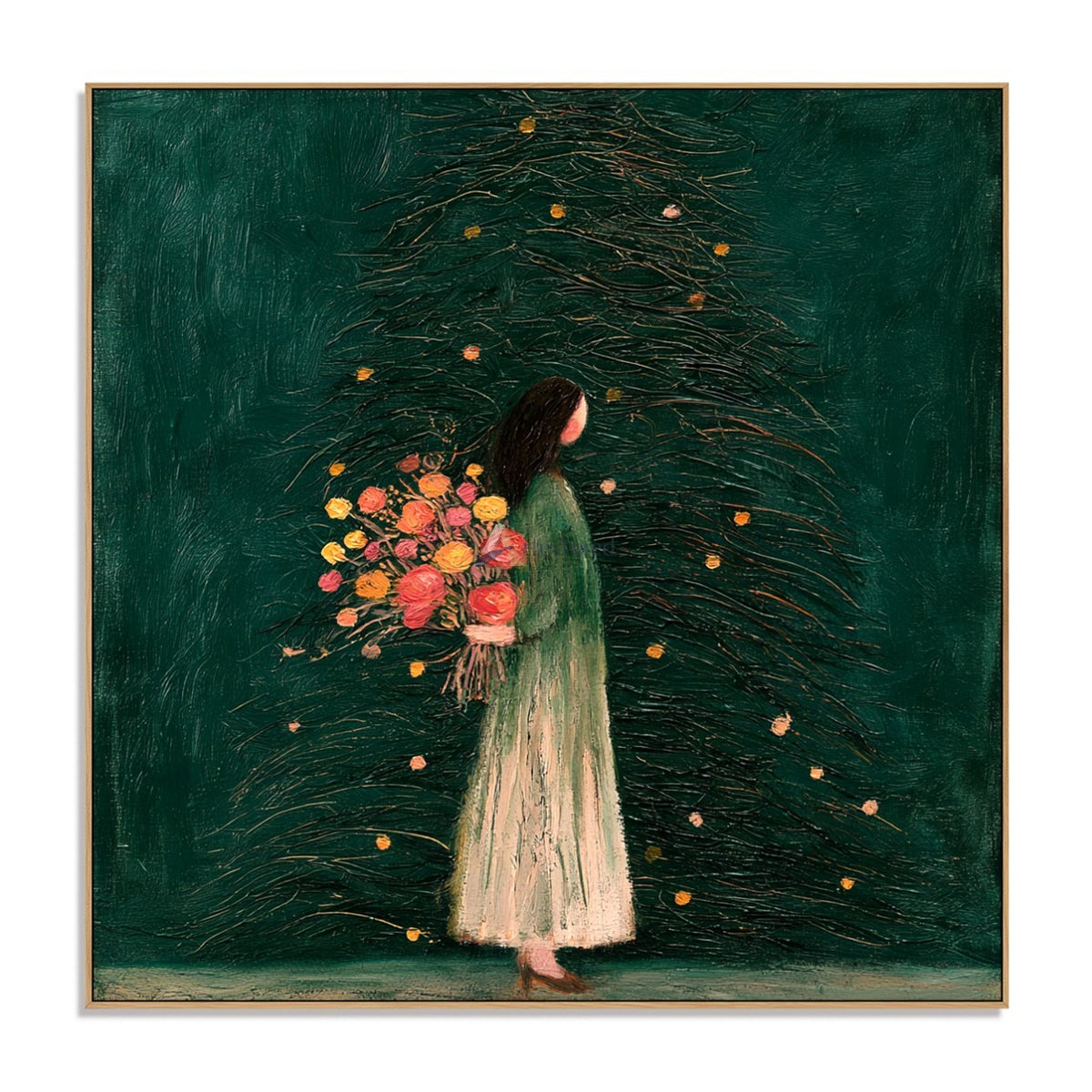 Flowers Beneath the Evergreen — Woman with Bouquet Figurative Wall Art#wp261788