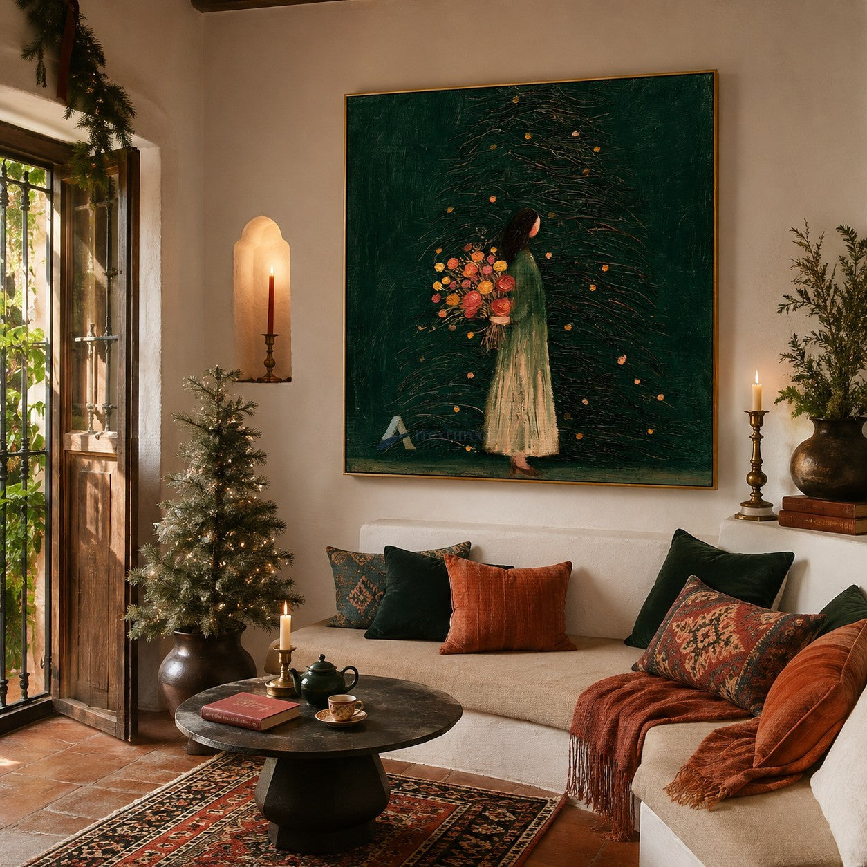 Flowers Beneath the Evergreen — Woman with Bouquet Figurative Wall Art#wp261788