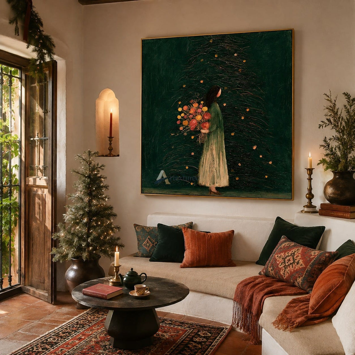 texture Flowers Beneath the Evergreen — Woman with Bouquet Figurative Wall Art#wp261788