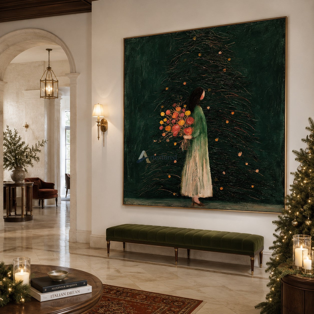 Flowers Beneath the Evergreen — Woman with Bouquet Figurative Wall Art#wp261788