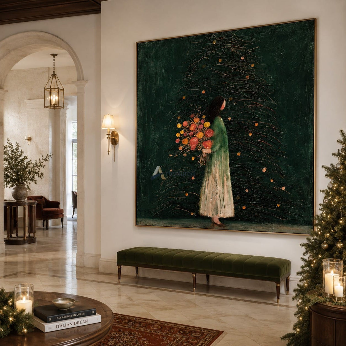 Flowers Beneath the Evergreen — Woman with Bouquet Figurative Wall Art#wp261788