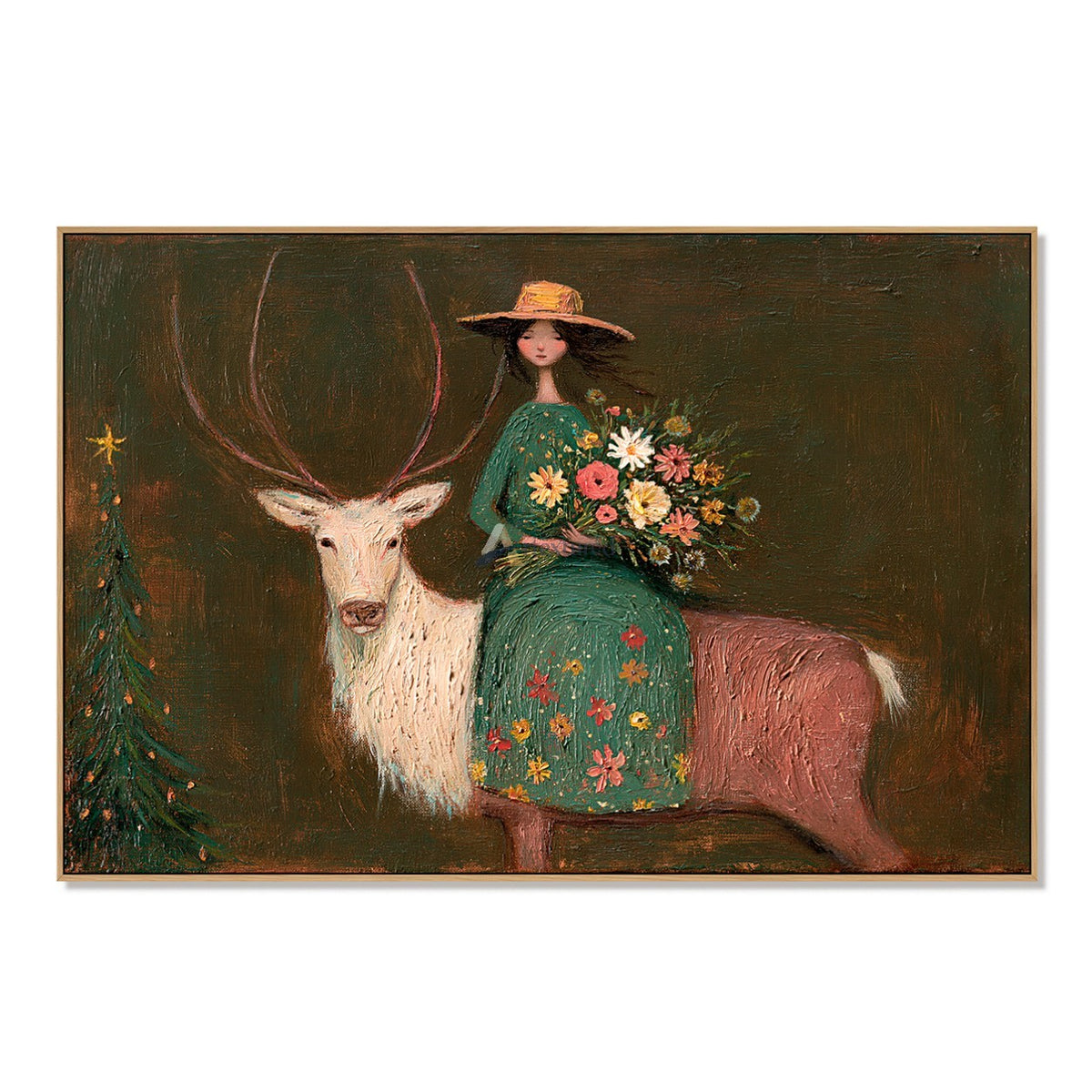 The Flower Keeper and White Stag — Whimsical Figurative Wall Art#wp261789