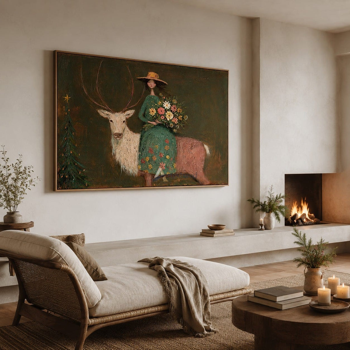 texture The Flower Keeper and White Stag — Whimsical Figurative Wall Art#wp261789