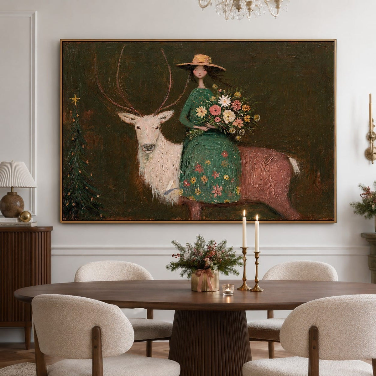 The Flower Keeper and White Stag — Whimsical Figurative Wall Art#wp261789