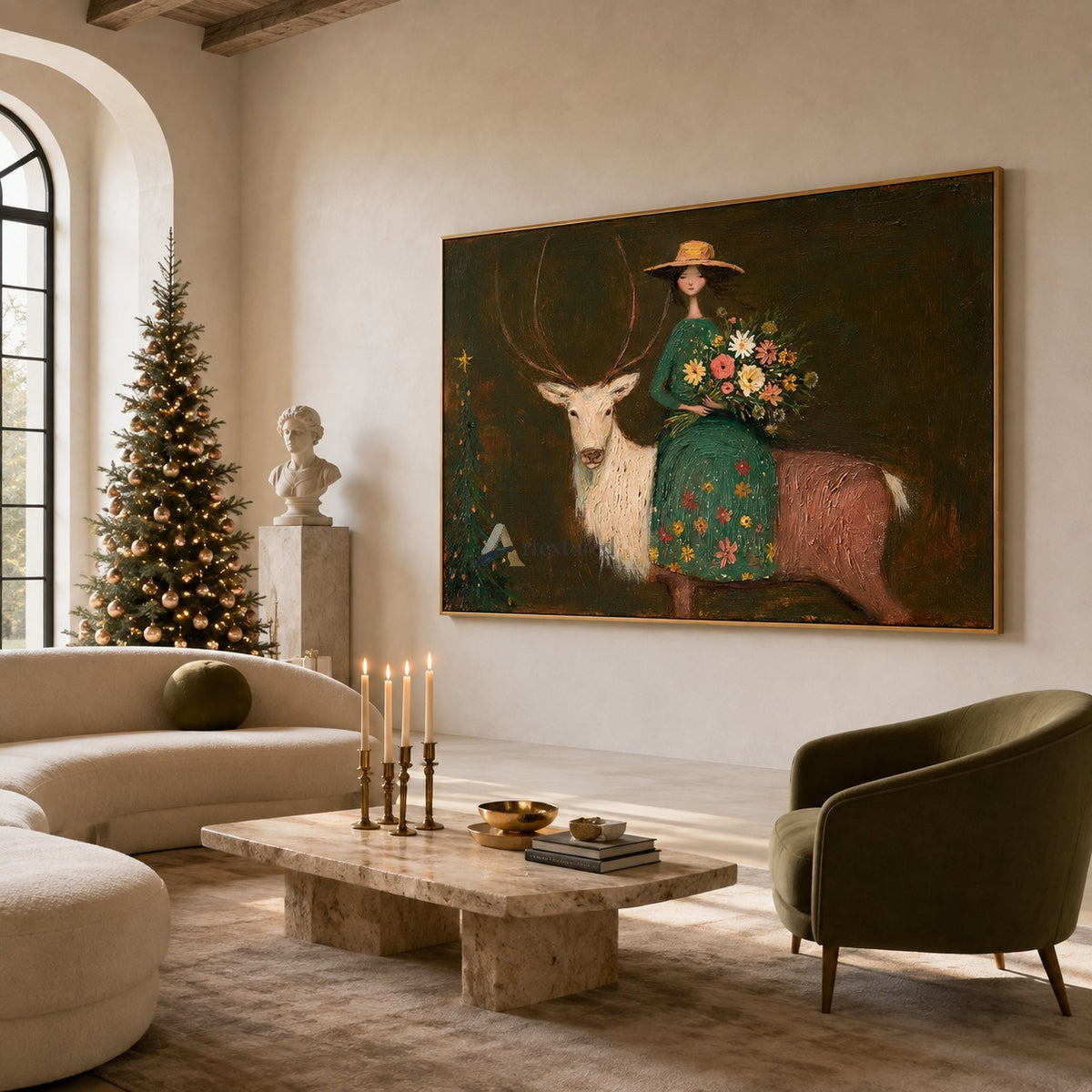 The Flower Keeper and White Stag — Whimsical Figurative Wall Art#wp261789