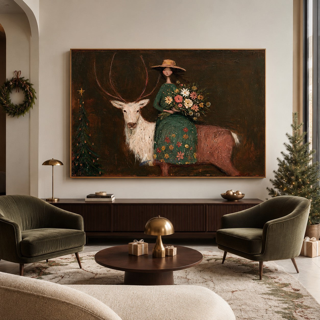 The Flower Keeper and White Stag — Whimsical Figurative Wall Art#wp261789