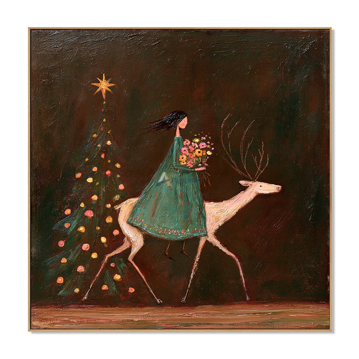 A Starlit Winter Ride — Woman and White Reindeer Christmas Wall Art#wp261790