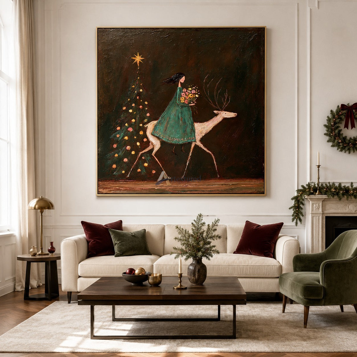 A Starlit Winter Ride — Woman and White Reindeer Christmas Wall Art#wp261790