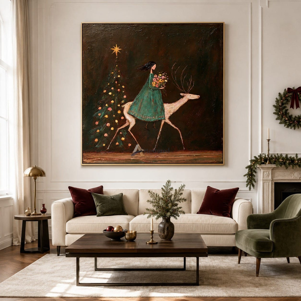 texture A Starlit Winter Ride — Woman and White Reindeer Christmas Wall Art#wp261790