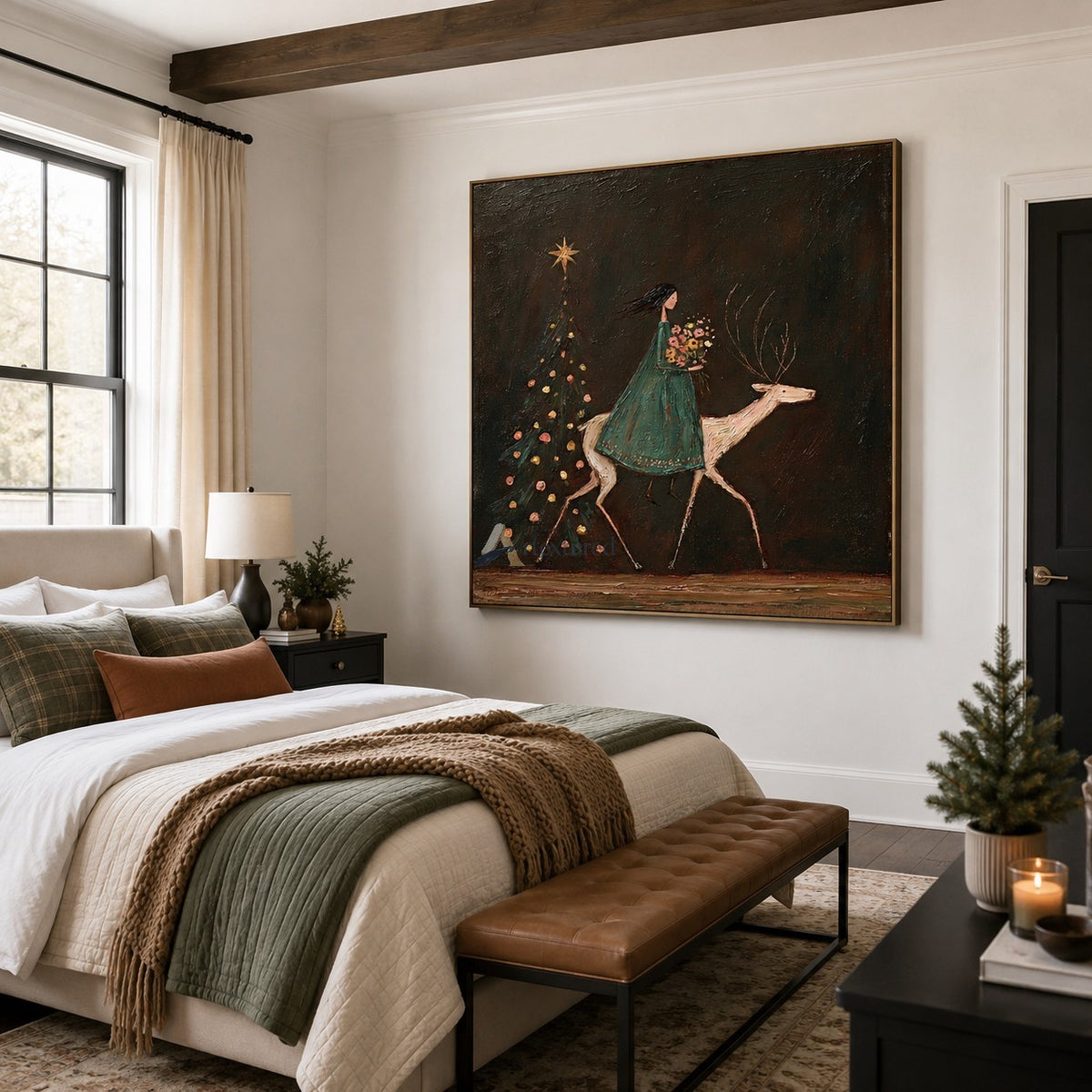 A Starlit Winter Ride — Woman and White Reindeer Christmas Wall Art#wp261790