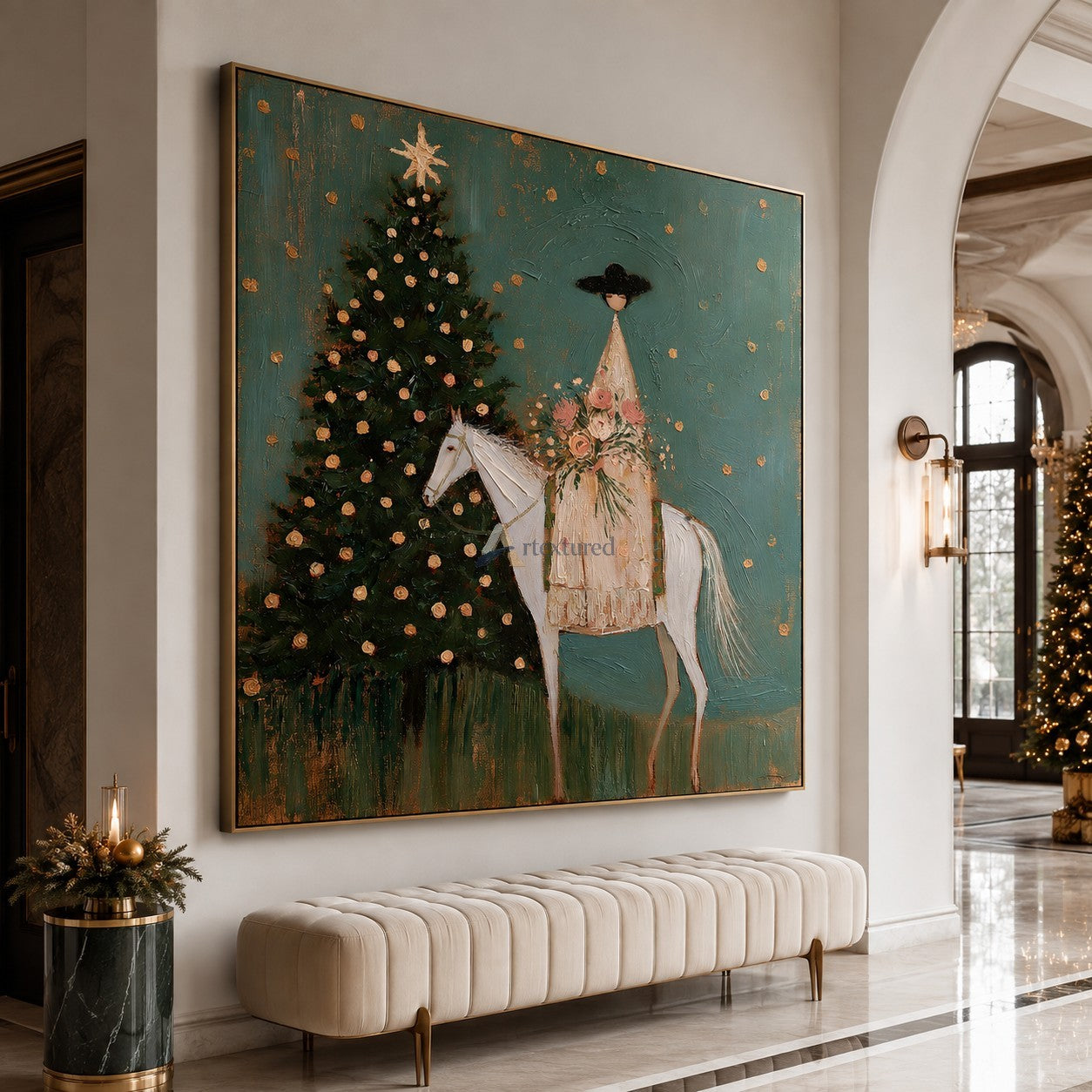 Christmas Eve in Bloom — Woman on White Horse Holiday Wall Art#wp261791