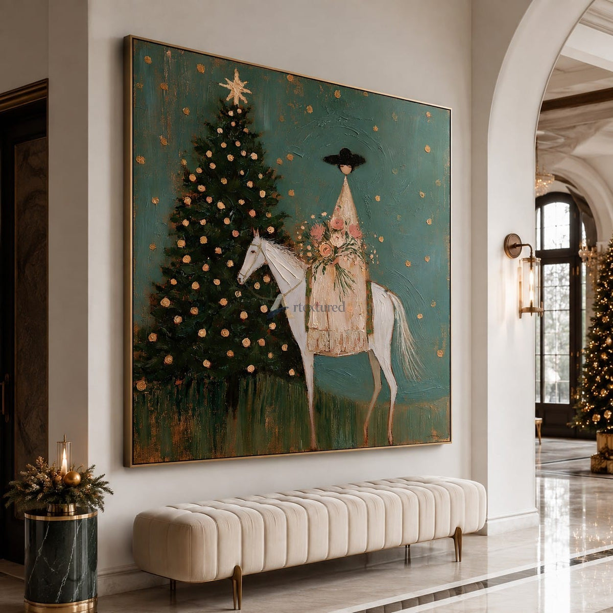 texture Christmas Eve in Bloom — Woman on White Horse Holiday Wall Art#wp261791
