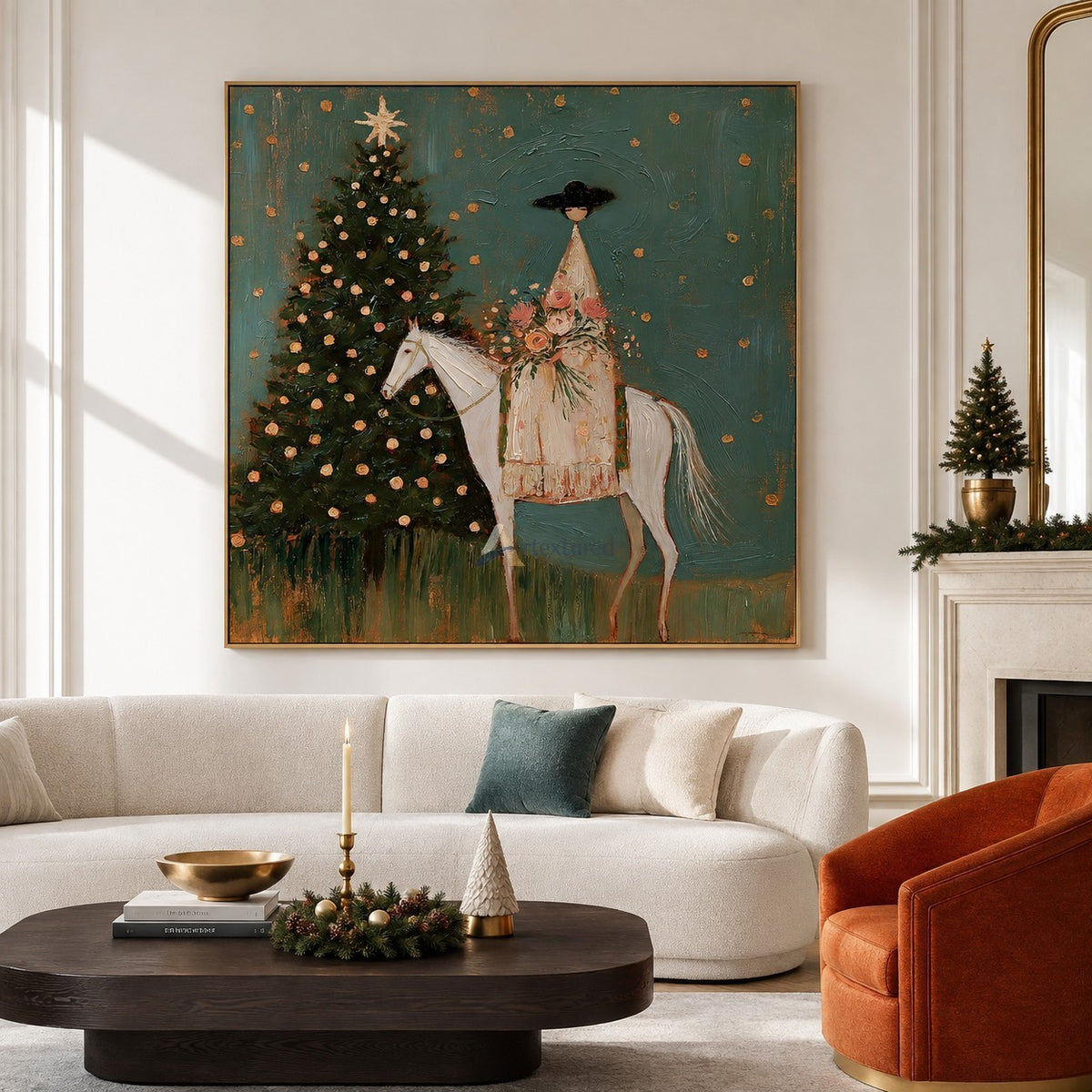 Christmas Eve in Bloom — Woman on White Horse Holiday Wall Art#wp261791