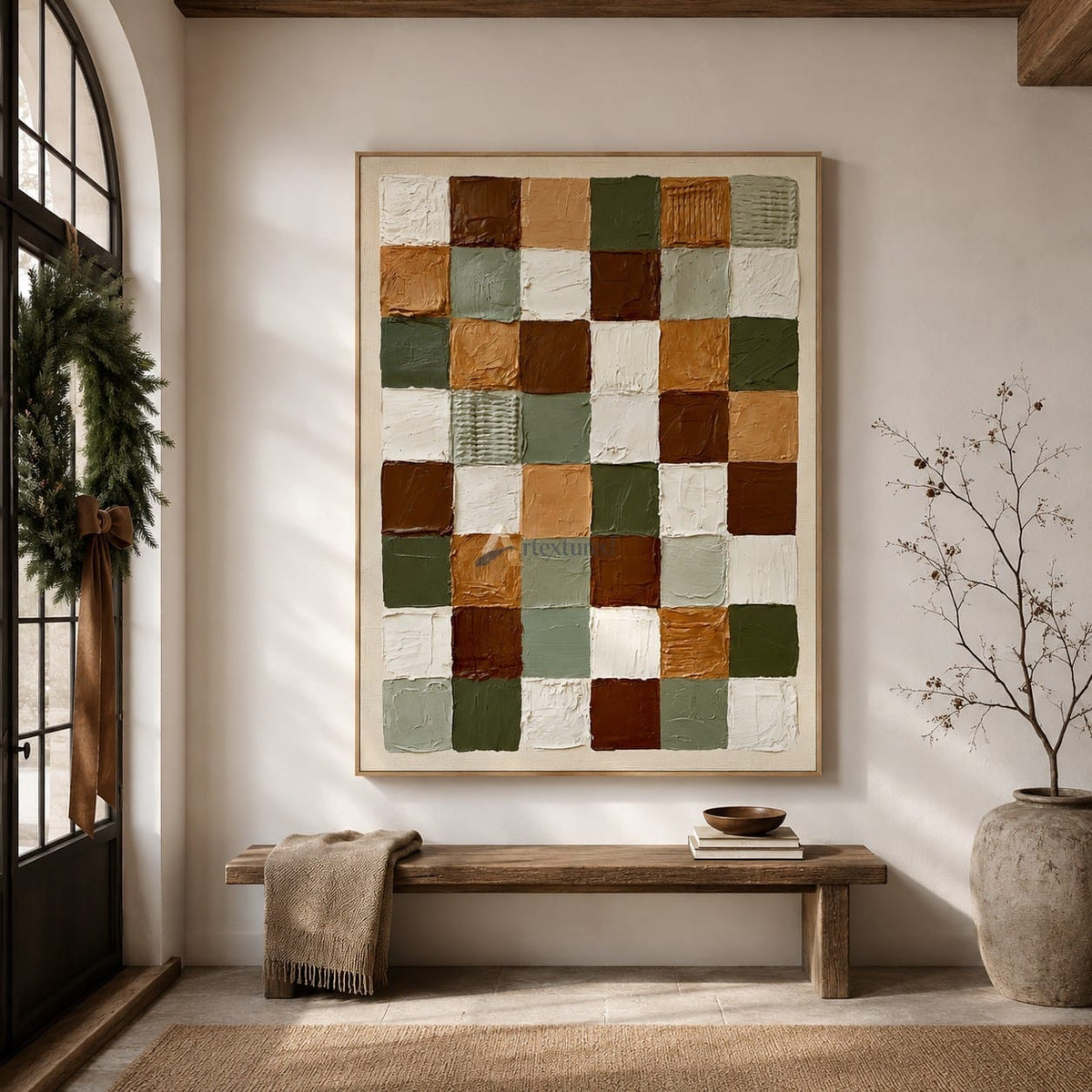 Collected Earth — Sage Green and Brown Textured Checkerboard Wall Art#wp261794