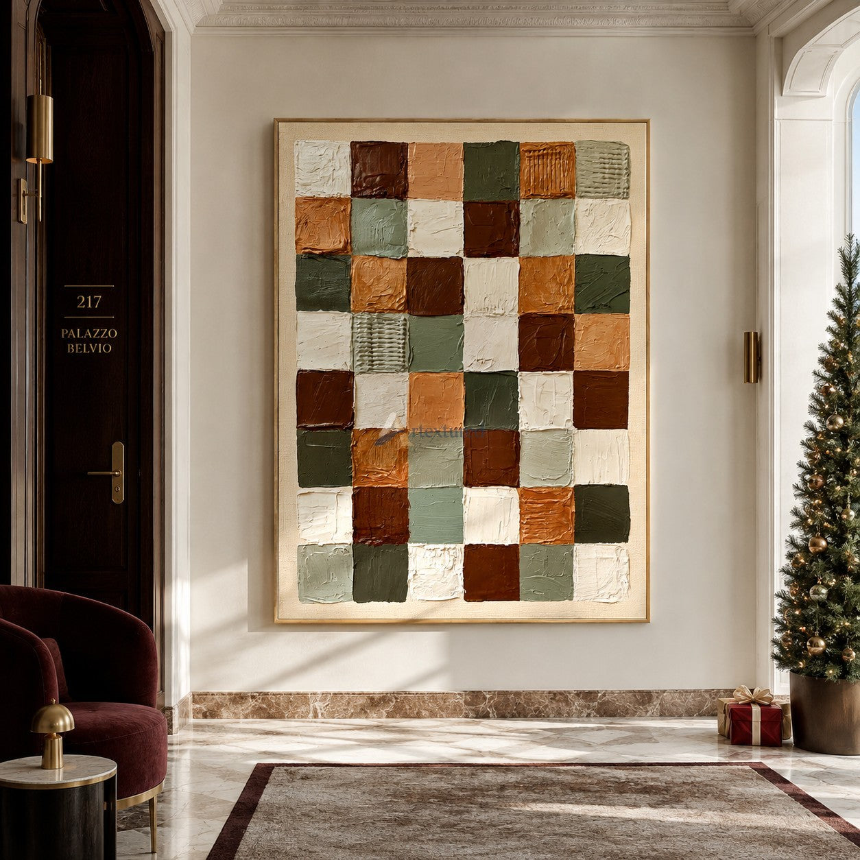 Collected Earth — Sage Green and Brown Textured Checkerboard Wall Art#wp261794