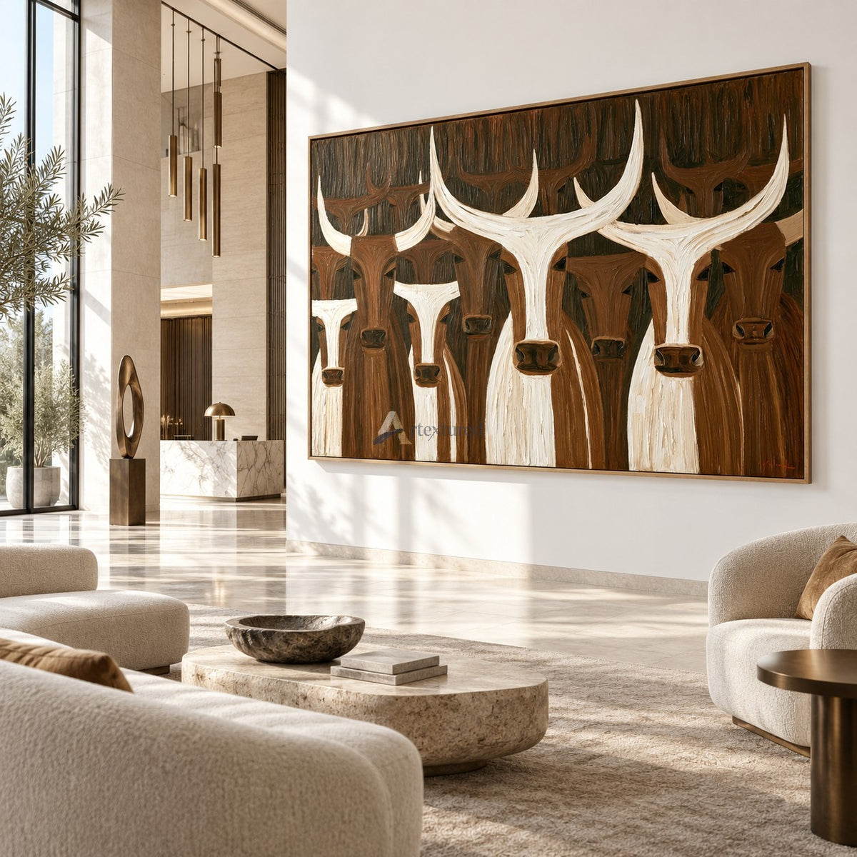 Longhorn Gathering — Brown and White Texas Cattle Wall Art#wp261796