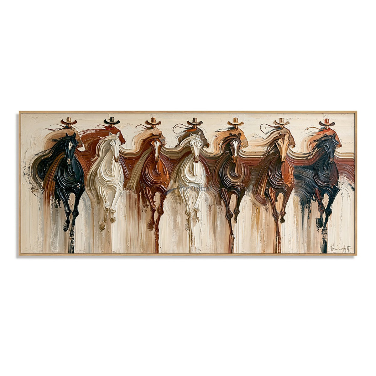 Seven Riders — Hand-Painted Textured Western Horse & Cowboy Panoramic Wall Art#wp261799