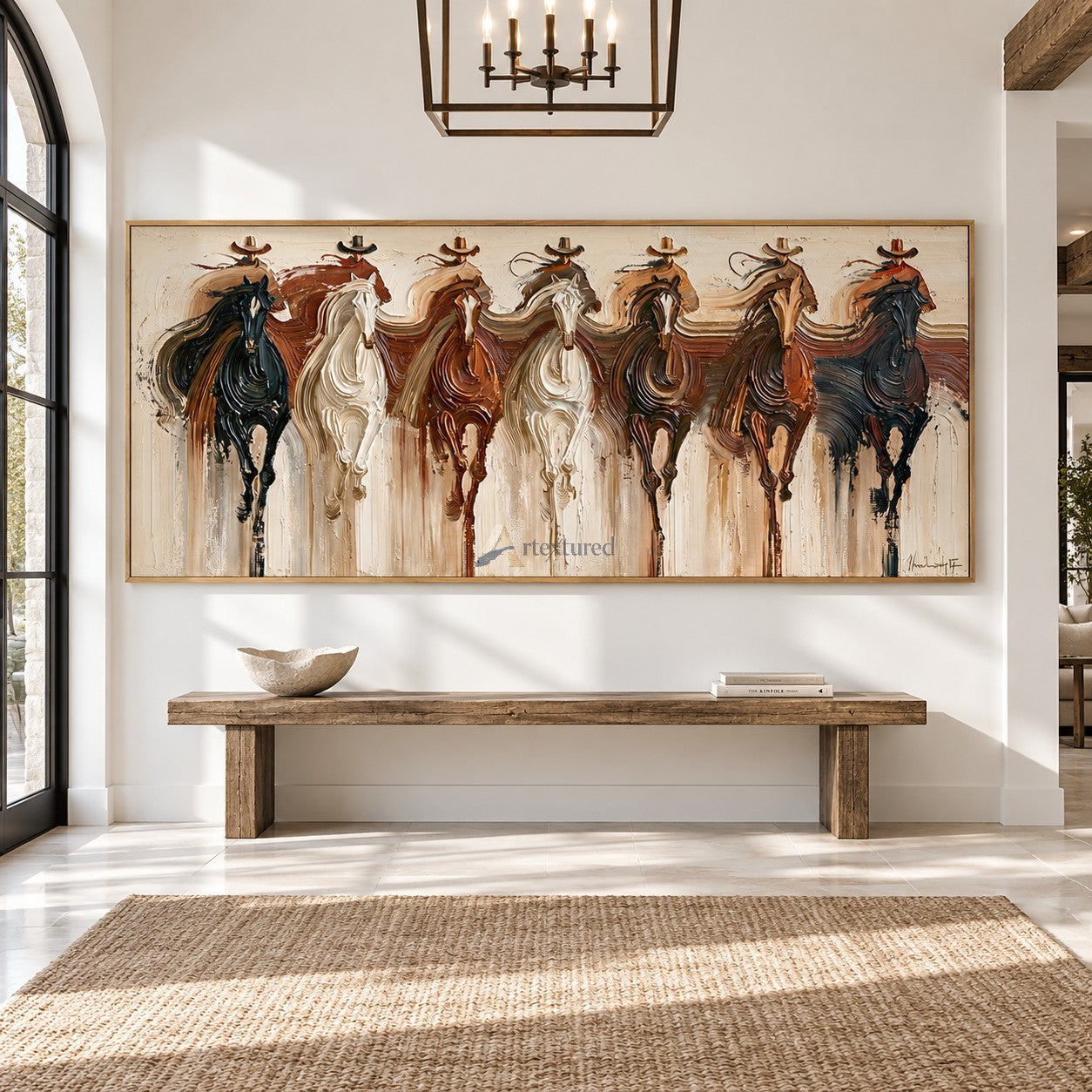 Seven Riders — Hand-Painted Textured Western Horse & Cowboy Panoramic Wall Art#wp261799