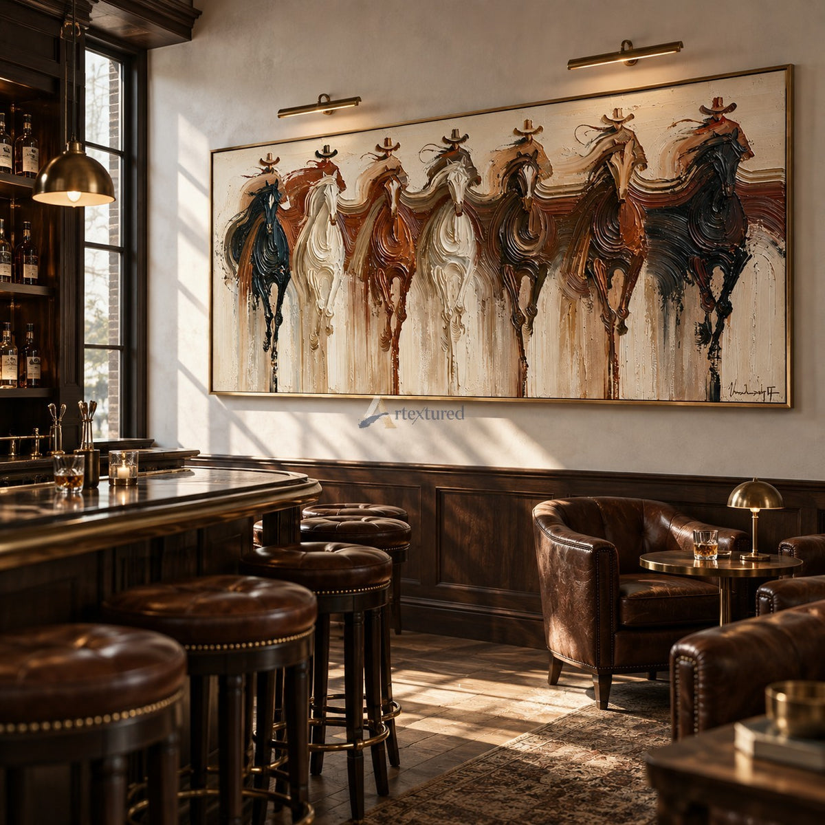 Seven Riders — Hand-Painted Textured Western Horse & Cowboy Panoramic Wall Art#wp261799